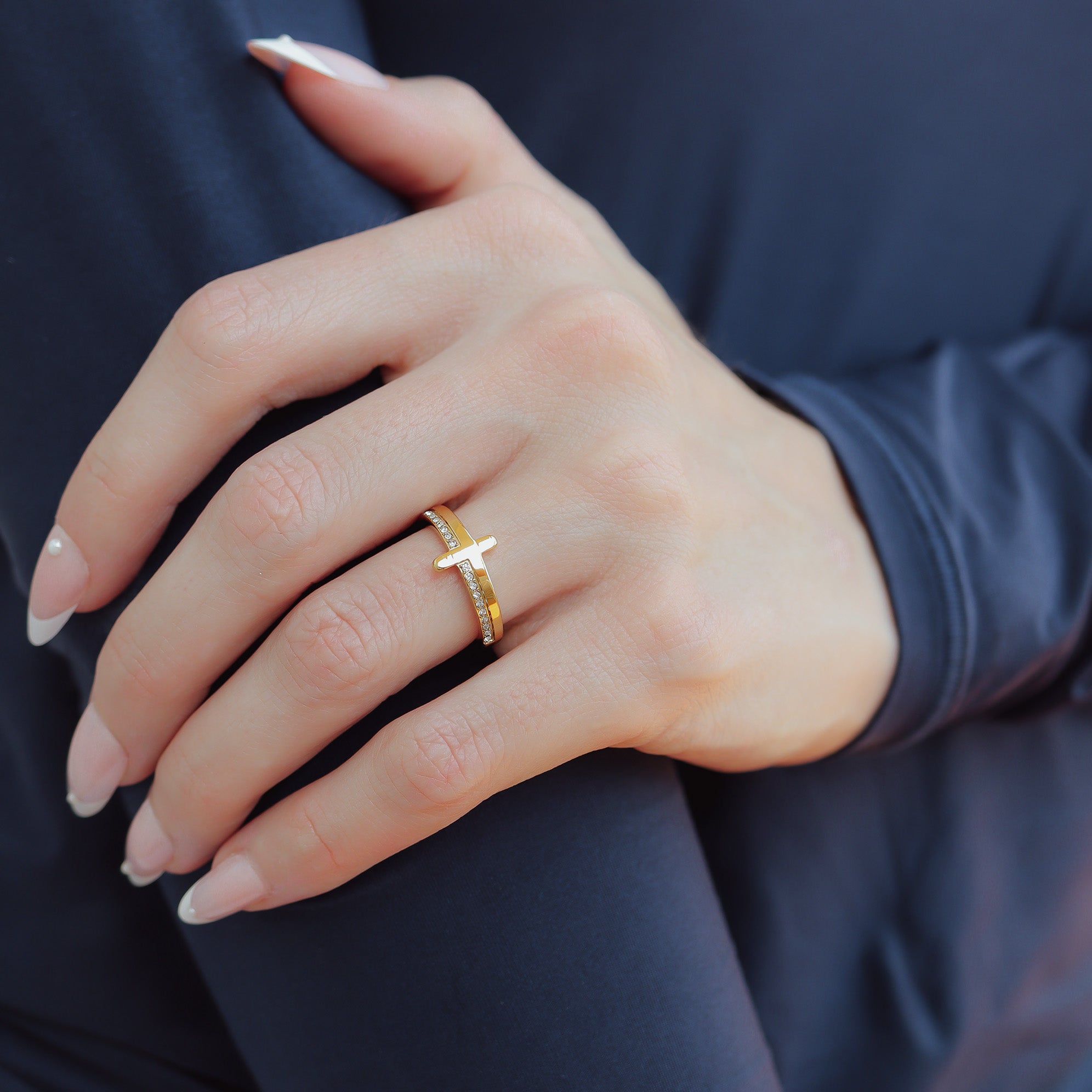 18K Gold PVD Stainless Steel Cross CZ Stone Engraved Stacking Ring / CSR0012、mySite、dreamappss
