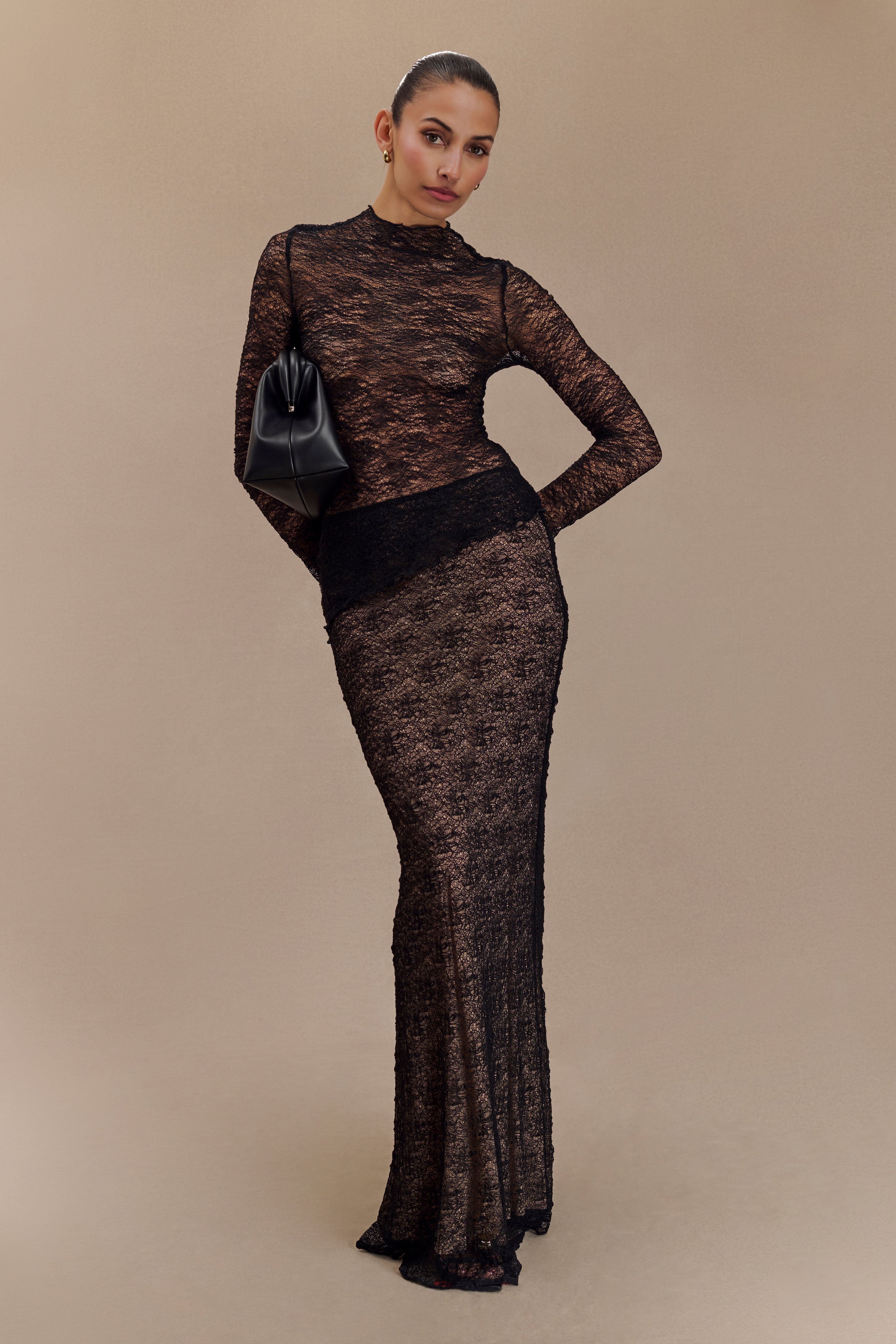 Riley Sheer Lace Long Sleeve Top - Black、mySite、solidvoid