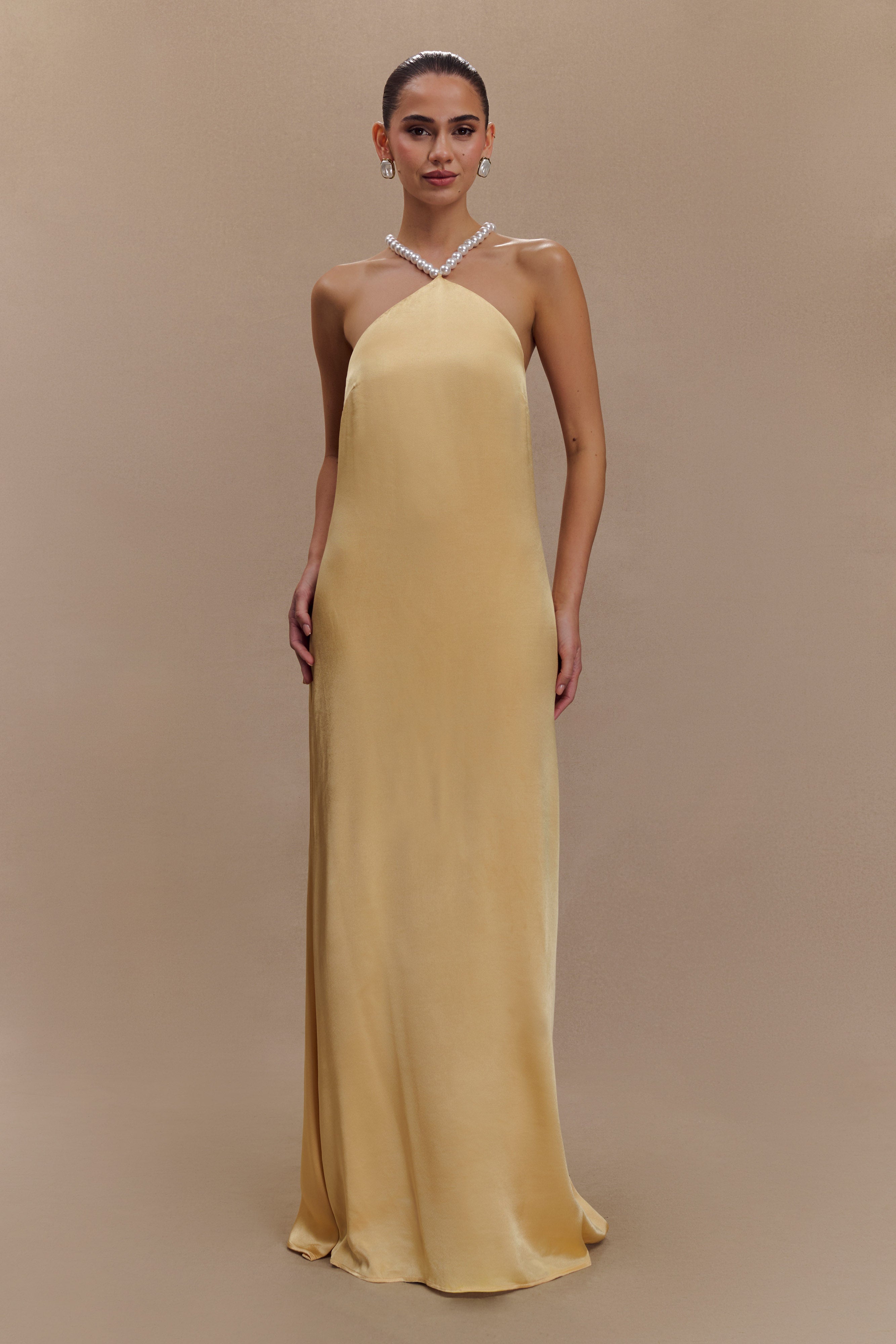 Blanche Satin Pearl Halter Maxi Dress - Peach、mySite、solidvoid