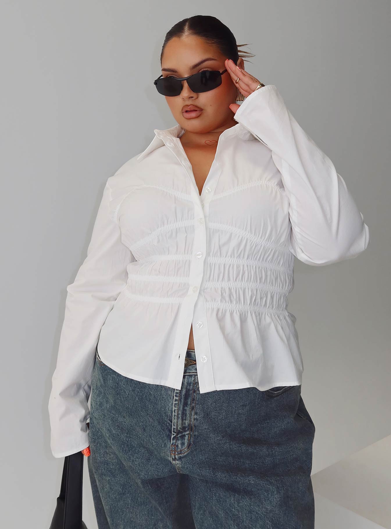 Liesel Shirred Long Sleeve Top White Curve、mySite、solidvoid