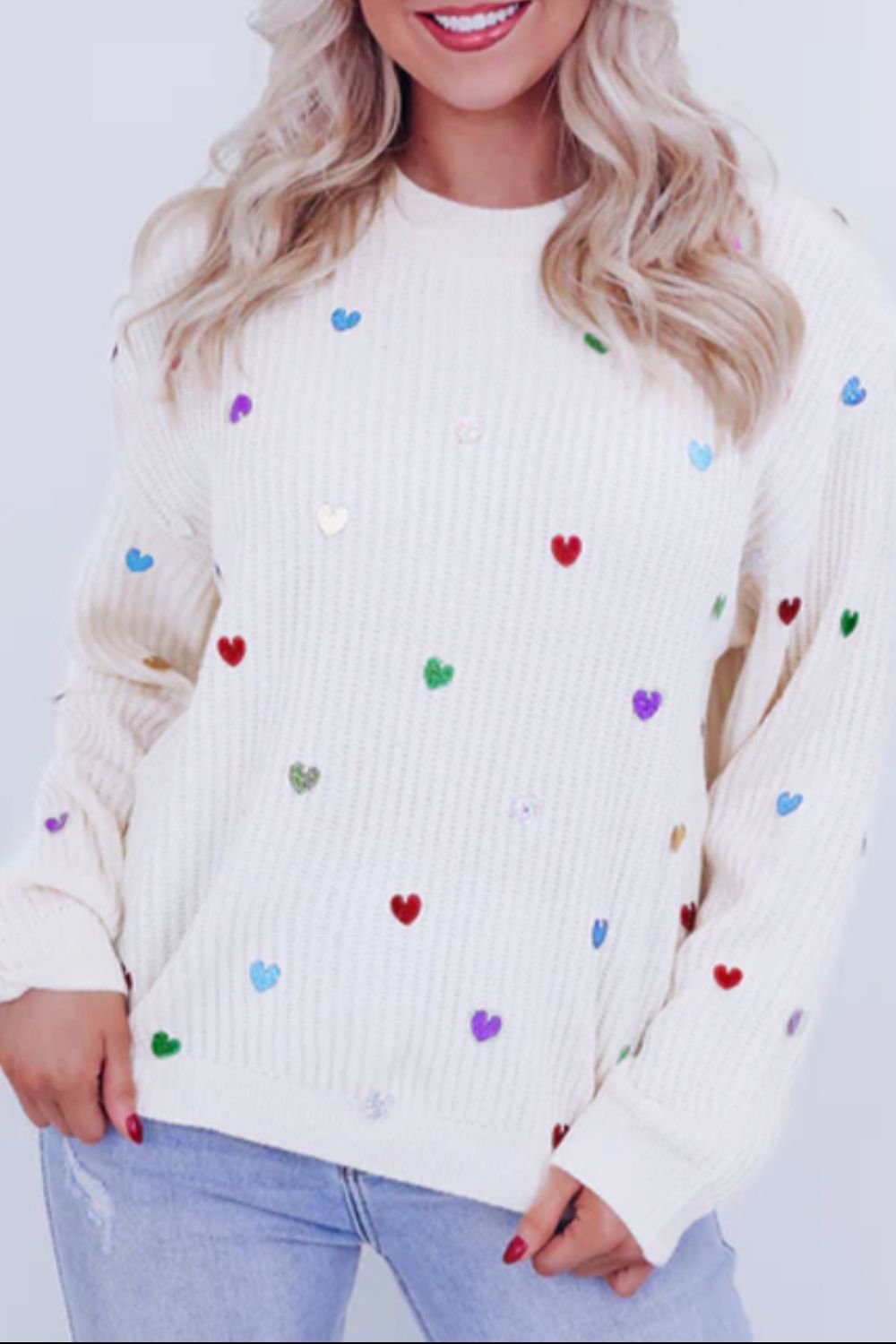 Heart Sequin Round Neck Long Sleeve Sweater、mySite、camillekostekn