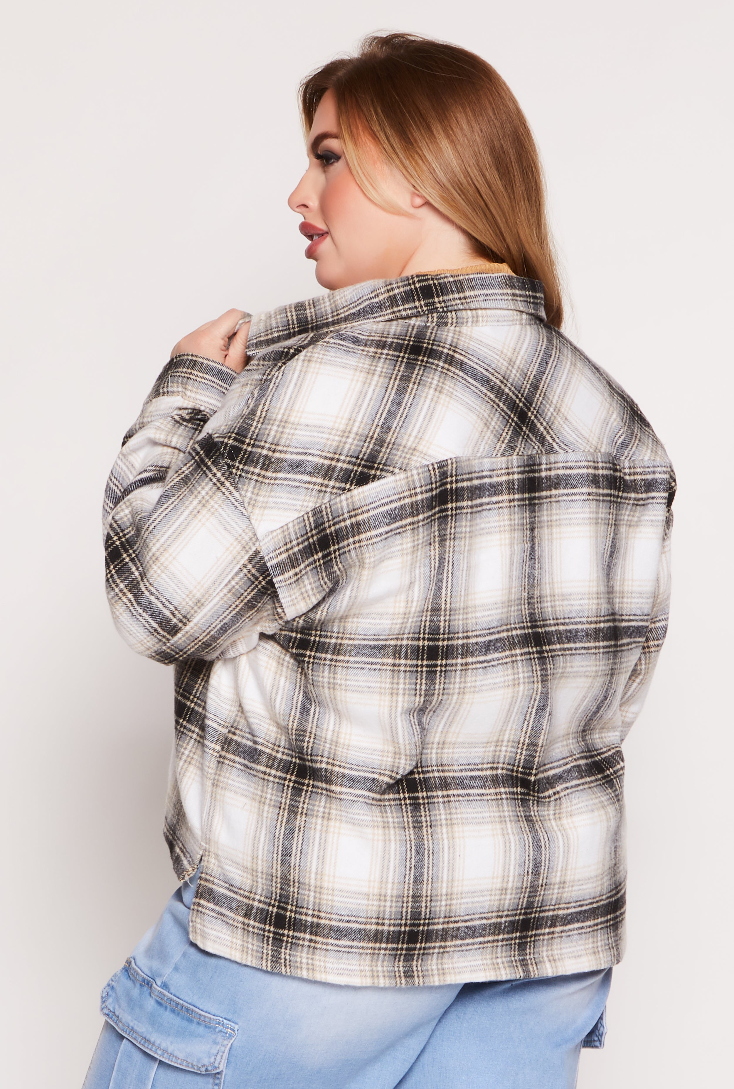 Plus Size Flannel Plaid Button Front Shacket、mySite、camillekostekn