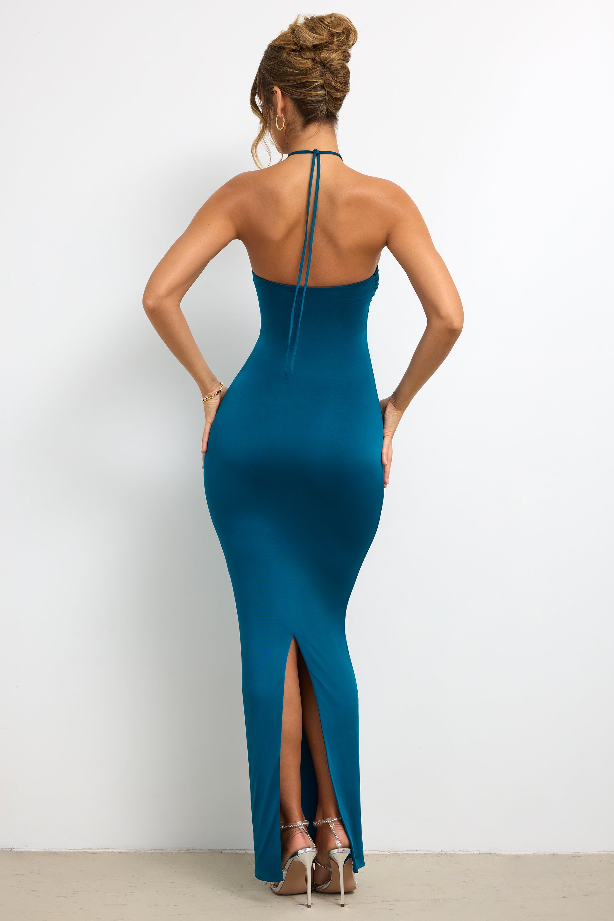 Slinky Jersey Rose Detail Halter Neck Maxi Dress in Dark Teal、mySite、solidvoid