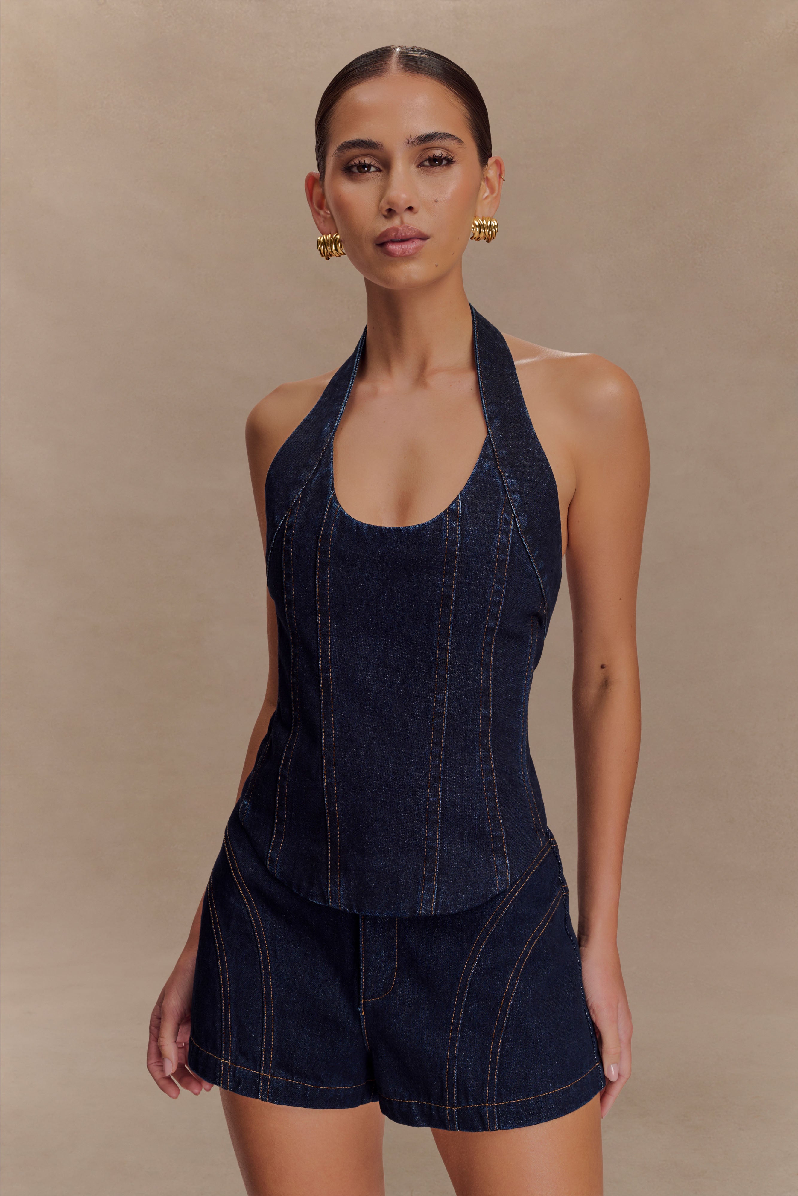 Meadow Denim Corset Halter Top - Indigo Blue、mySite、solidvoid