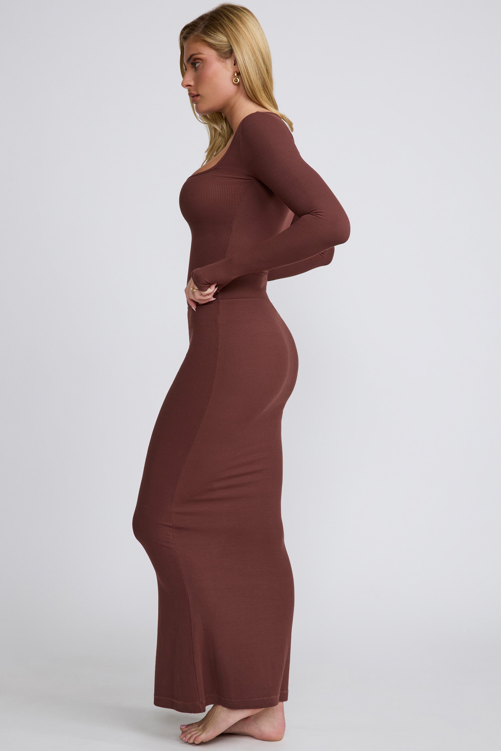 Ribbed Modal Mid Rise Maxi Skirt in Chocolate、mySite、solidvoid