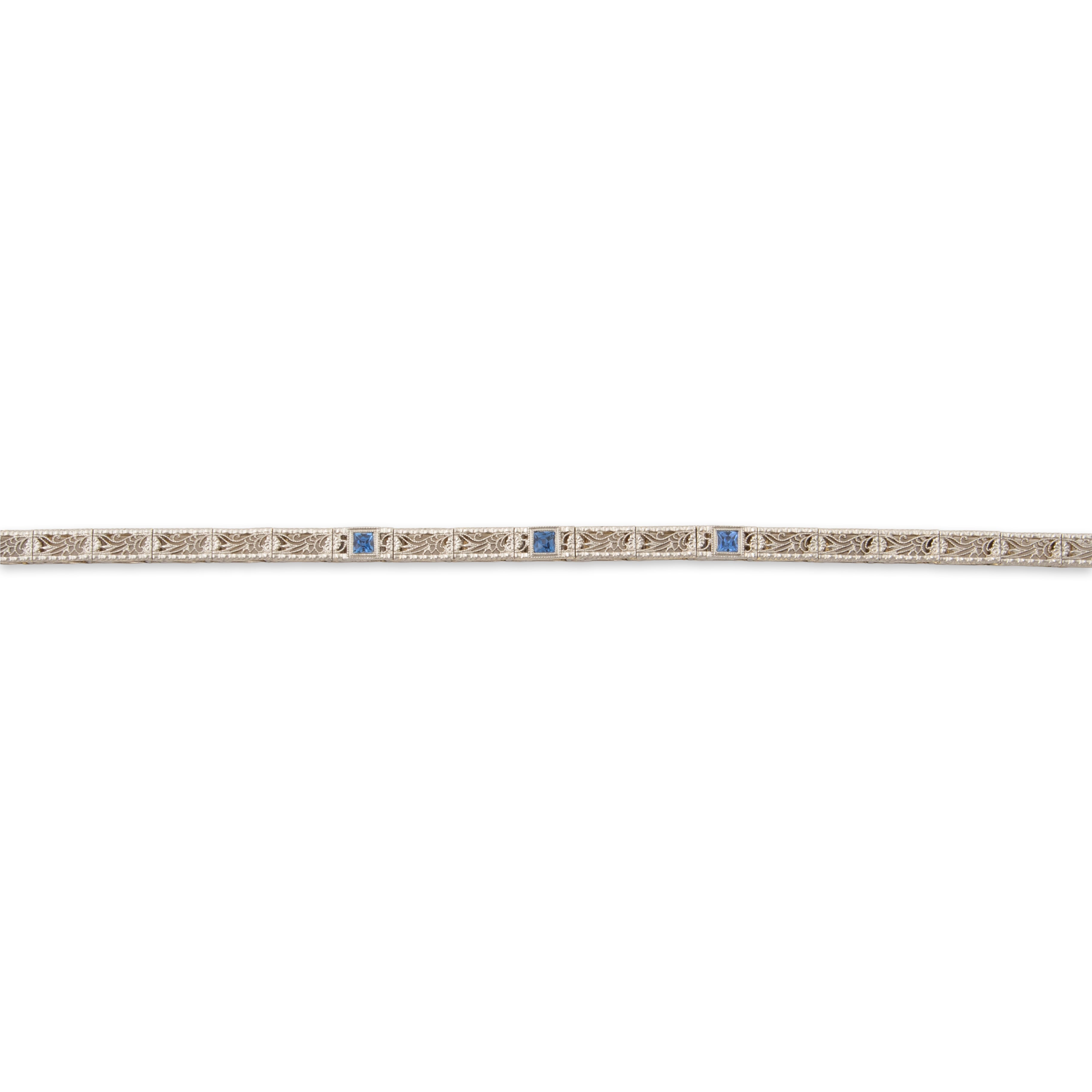 Antique Deco 14k White Gold Synthetic Sapphire Blossom Filigree Bracelet 6.75、mySite、hinf8tx79