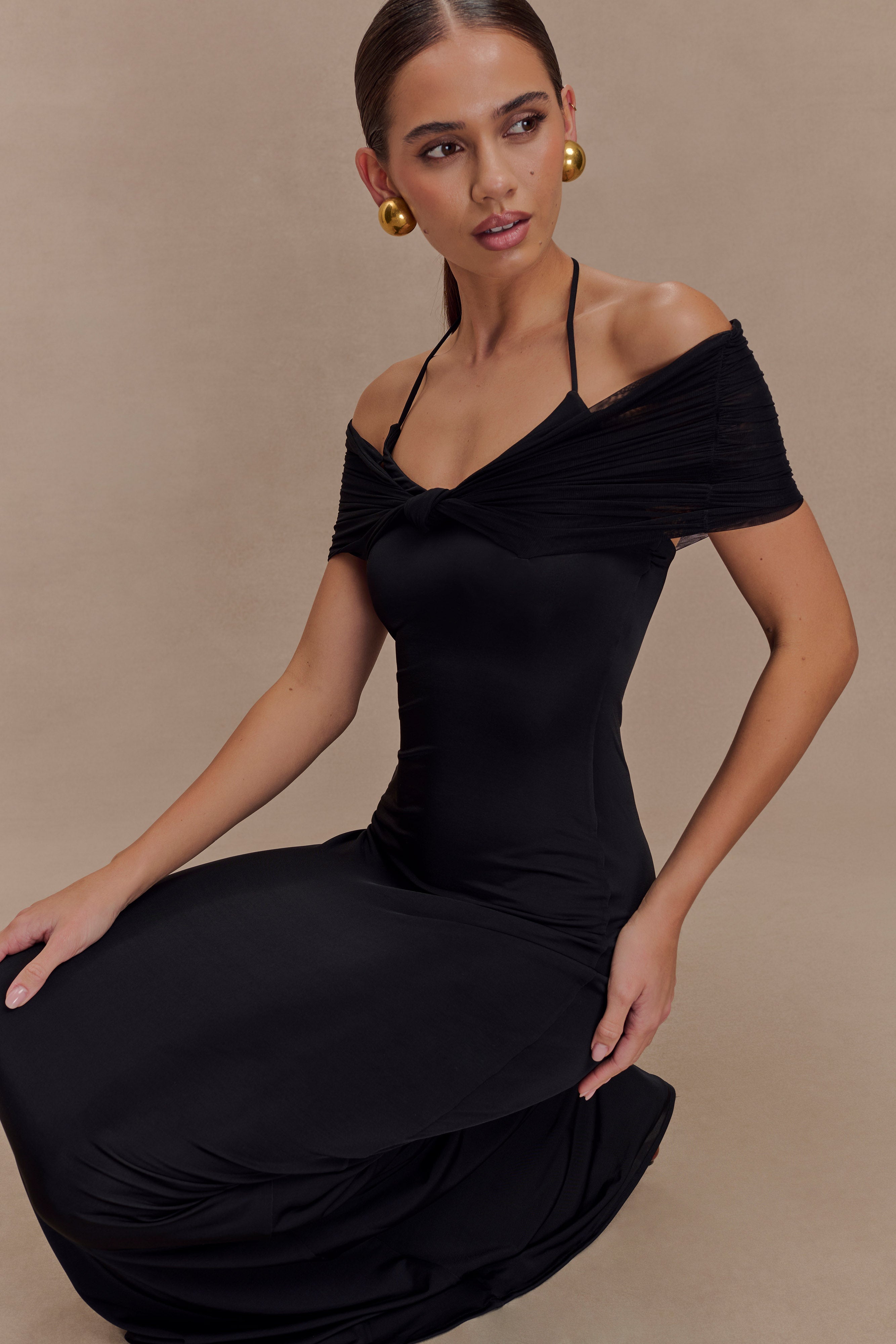 Bernadina Mesh And Slinky Halter Maxi Dress - Black、mySite、solidvoid
