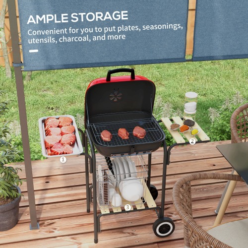 Outsunny 17" Portable Charcoal Grill with Wheels, 2 Side Tables and Bottom Shelf, BBQ with Adjustable Vents on Lid for Picnic, Camping, Backyard, Cooking, Red、、eastwooduniform