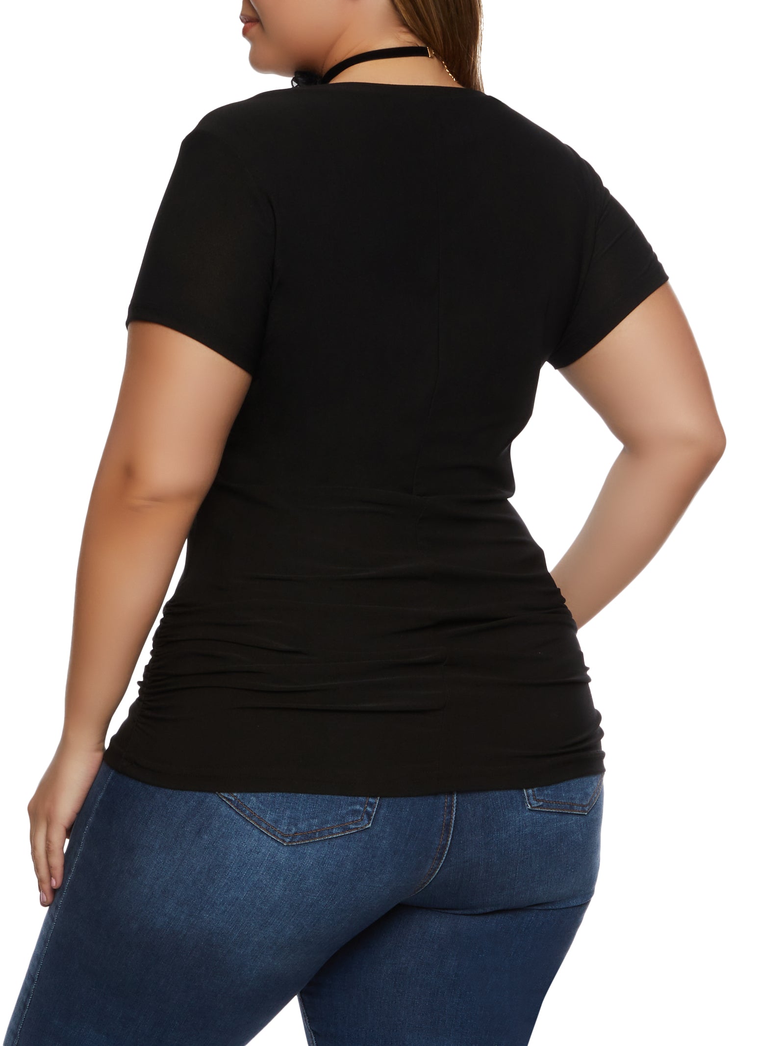 Plus Size Ruched Side V Neck T Shirt、mySite、camillekostekn