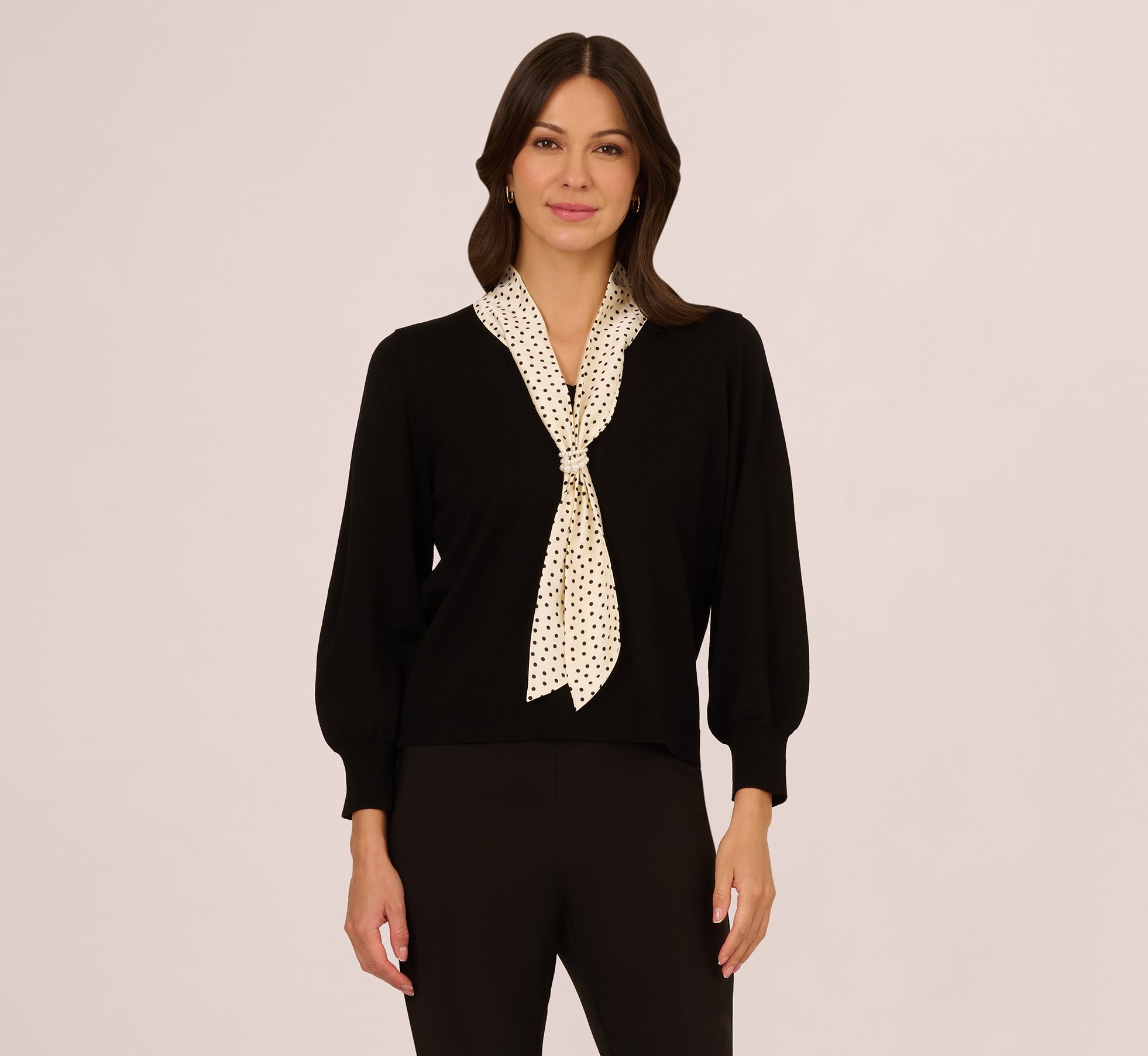 Three Quarter Sleeve Combo Scarf Sweater In Black Champagne Blush、mySite、solidvoid