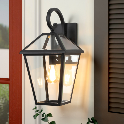 21"(H) 2-Pack Outdoor Wall Lantern Light – Modern Black Metal & Clear Glass Sconce for Porch, Patio, and Garden Lighting (Bulb Not Included)、、eastwooduniform