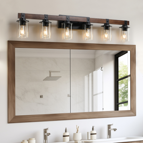 50" Rustic 7-Light Vanity Light, Industrial Bathroom Wall Sconce with Glass Shades and Wood Accent, Modern Farmhouse Lighting Fixture (No Bulbs)、、eastwooduniform
