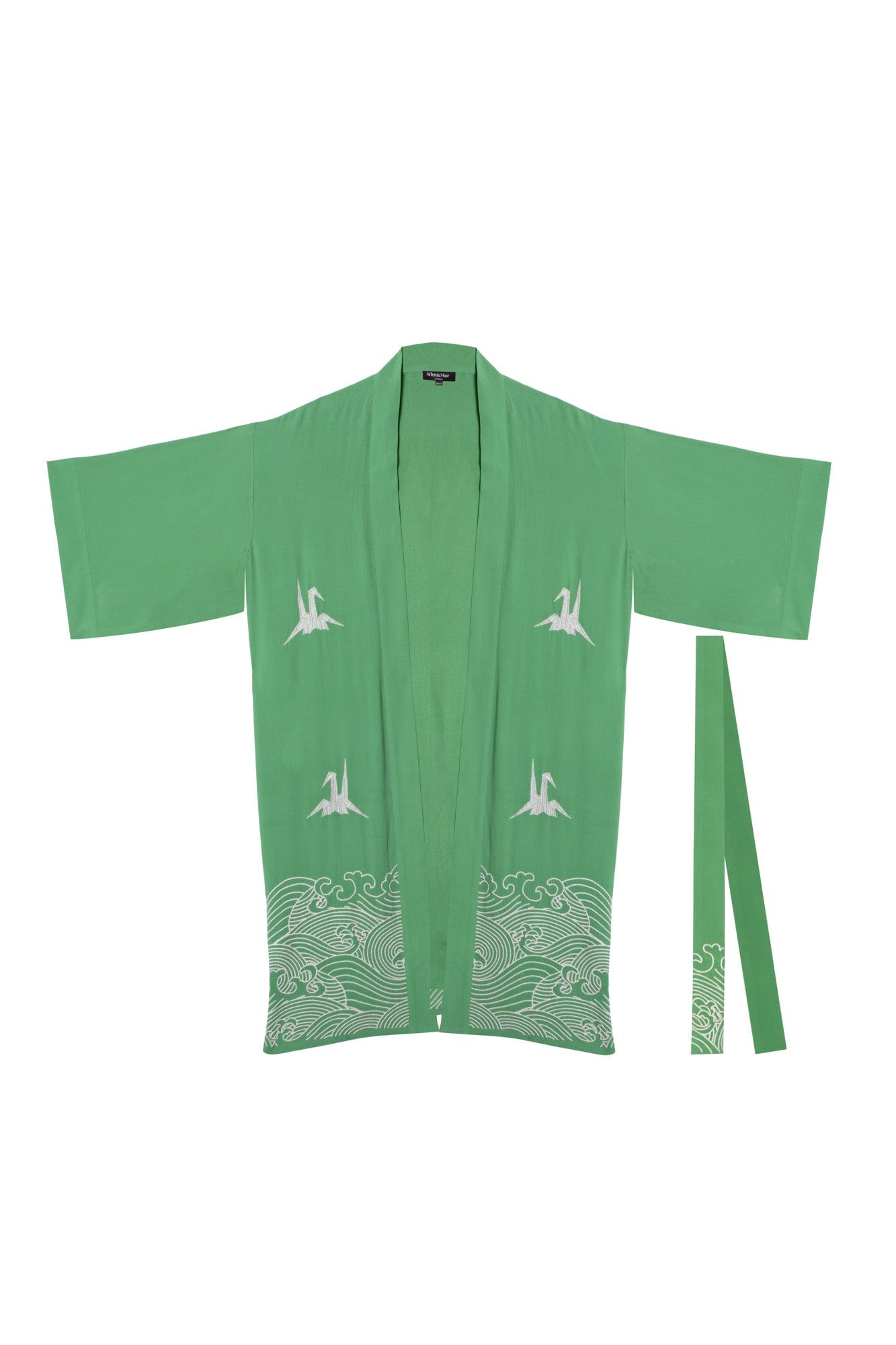 Origami and Hokusai Wave Embroidered Fully Lined Island Green Long Kimono、mySite、bengalsvssteelers