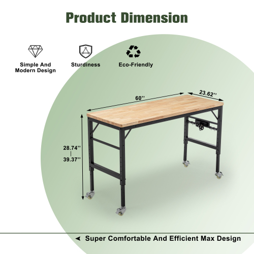 Adjustable Height Workbench, 60" Rubber Wood Top Heavy duty Workstation with Power Outlets, 2000 LBS Load Capacity Hardwood Worktable for Workshop, Garage, Office, Home, Commercial、、casual