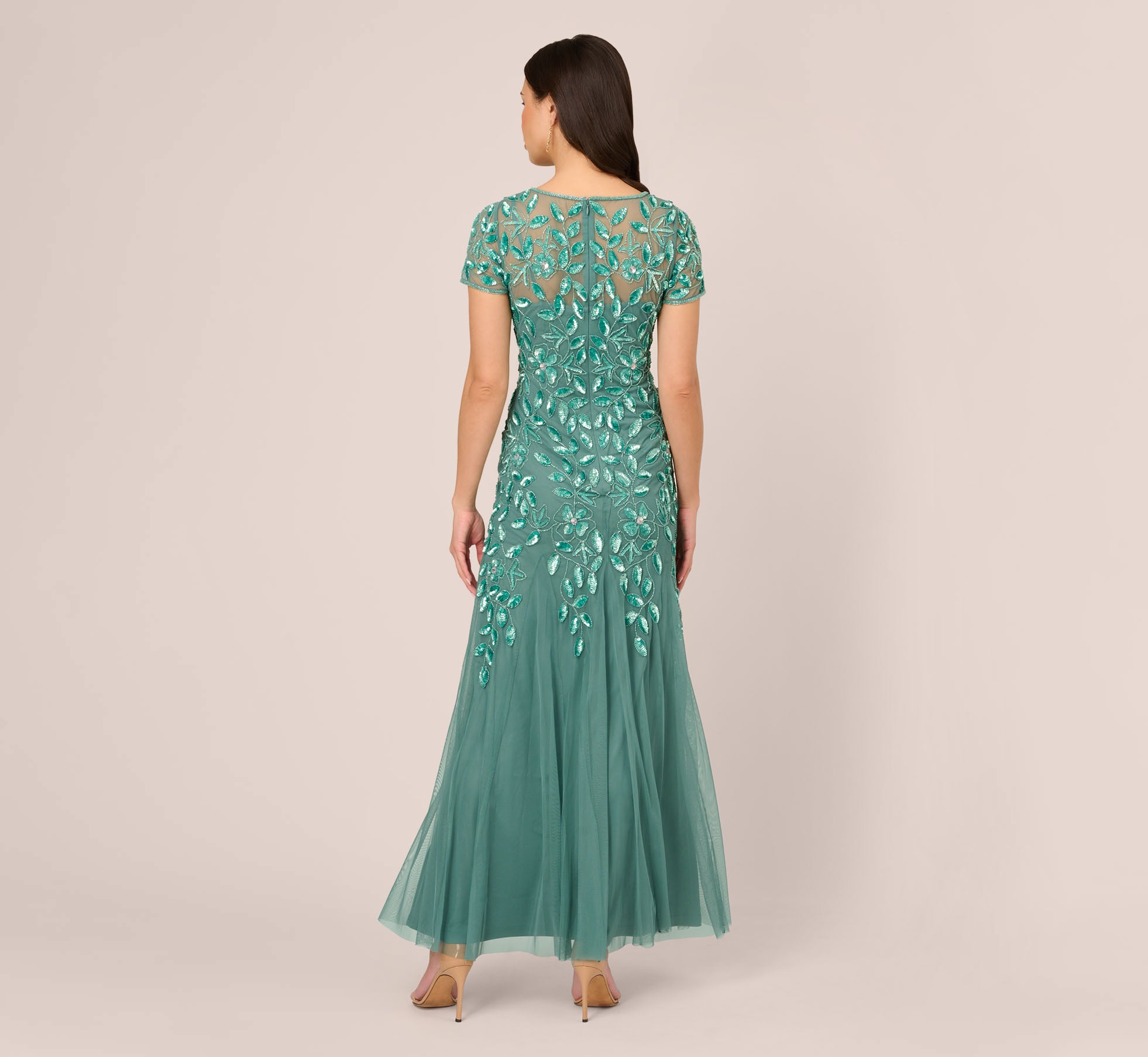 Hand Beaded Short Sleeve Floral Godet Gown In Green Slate、mySite、solidvoid