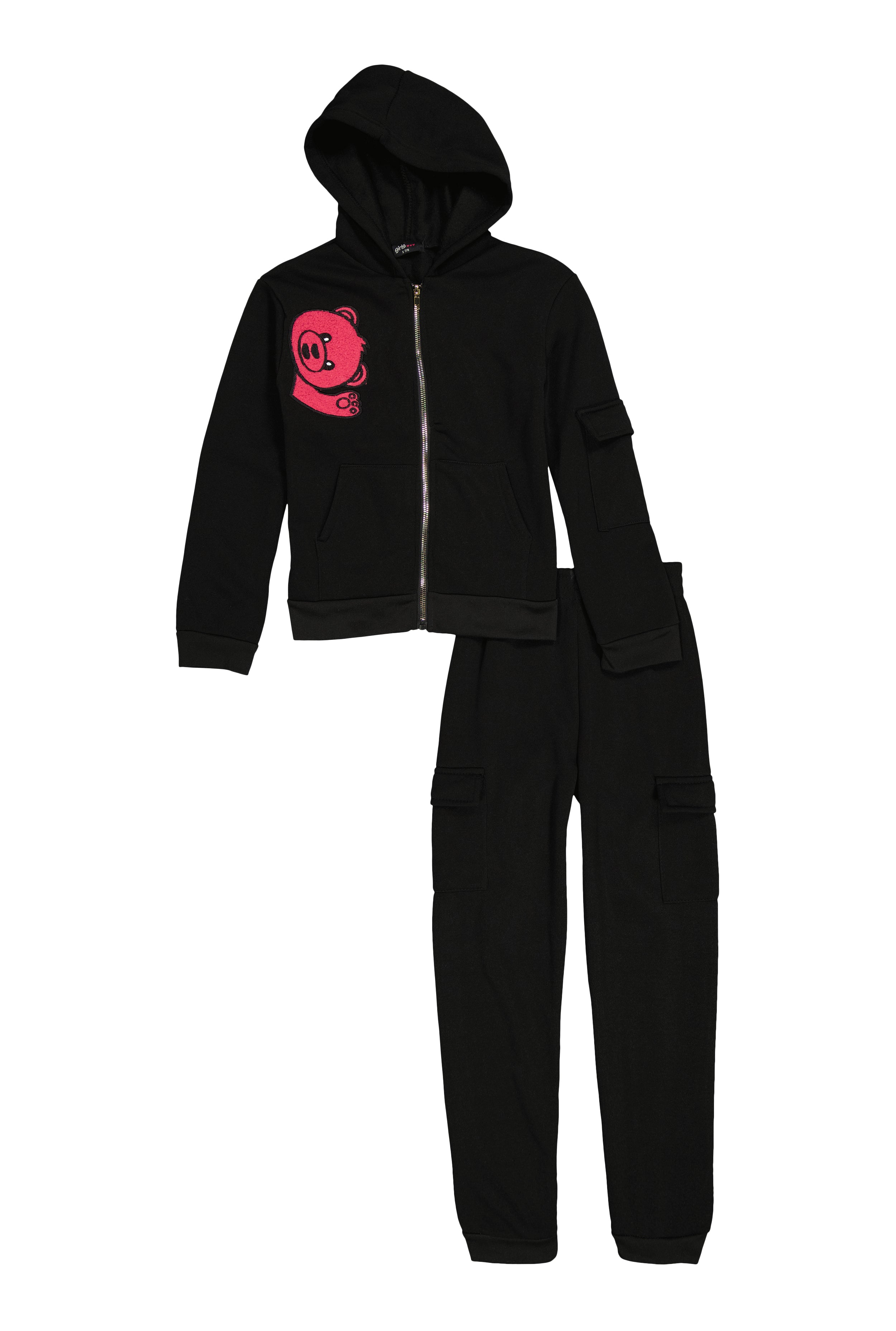 Girls Bear Chenille Patch Zip Up Hoodie and Cargo Joggers、mySite、camillekostekn
