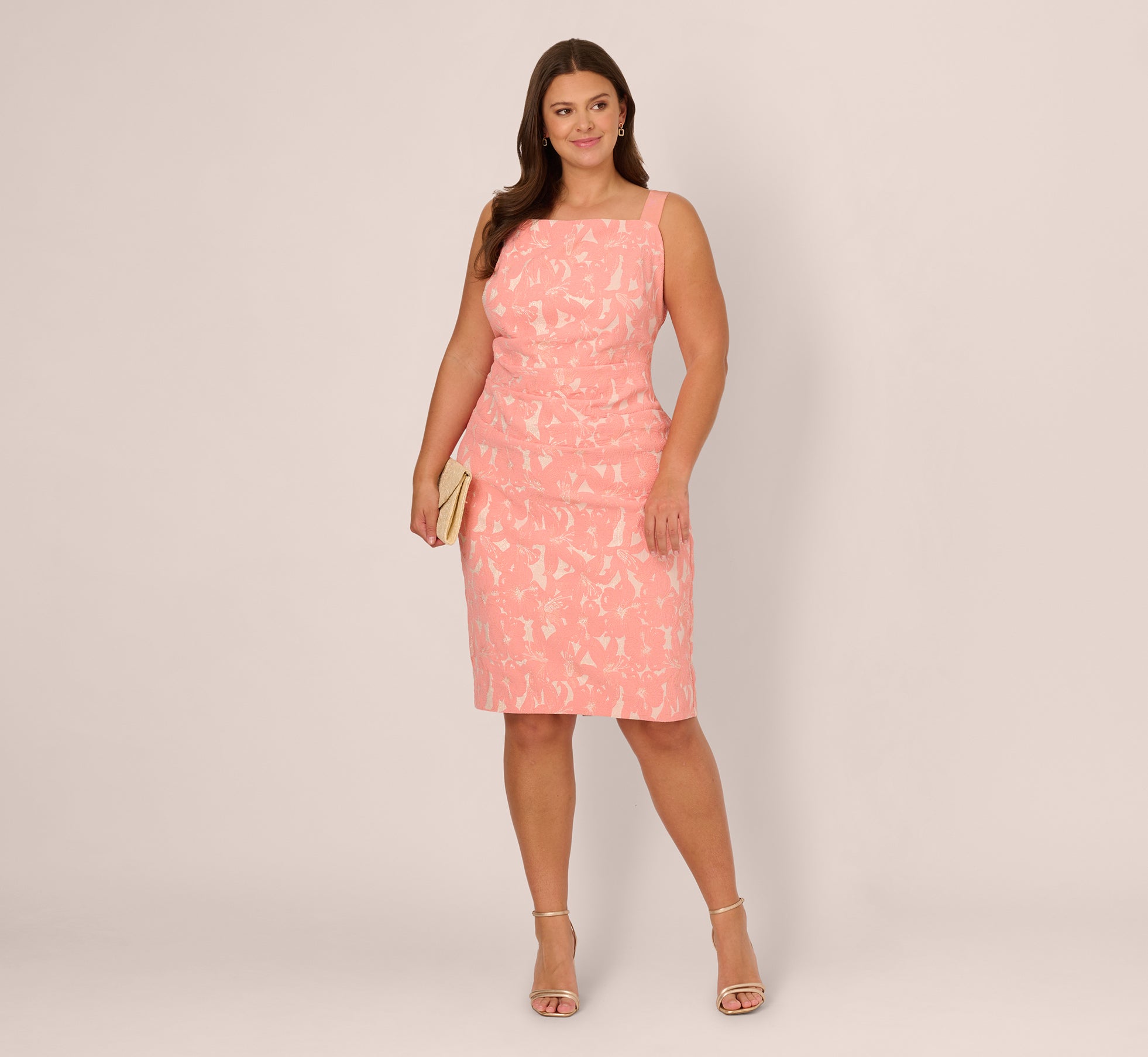 Plus Size Hibiscus Jacquard Sheath Dress With Tucked Details In Light Coral、mySite、solidvoid