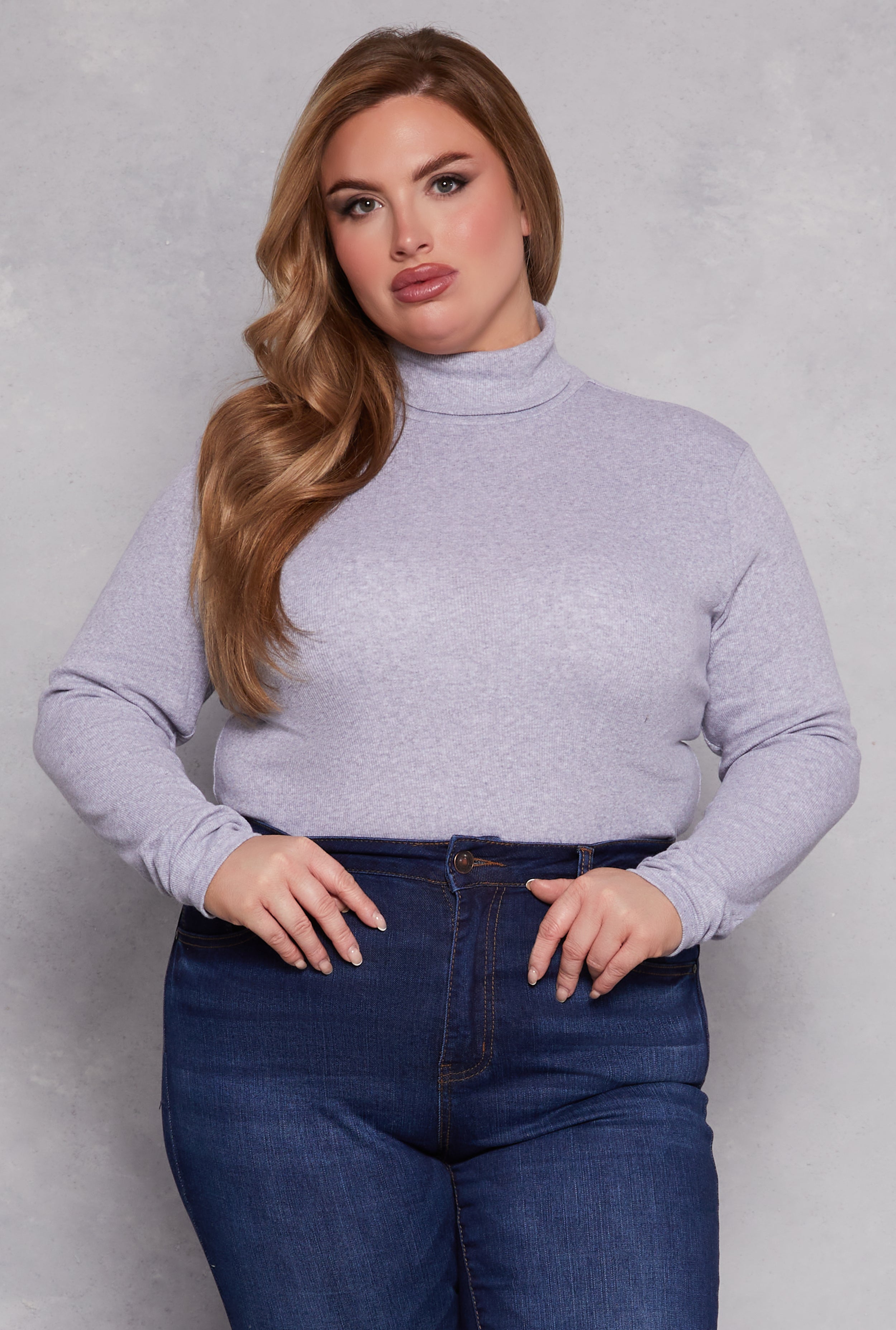 Plus Size Ribbed Knit Long Sleeve Turtleneck Top、mySite、camillekostekn