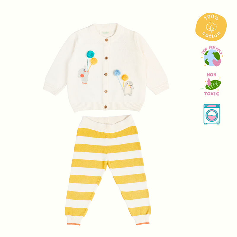 Cotton Sweater & Lower Set | Baby Balloon Printed | White & Yellow | Set of 2、mySite、camillekostekn