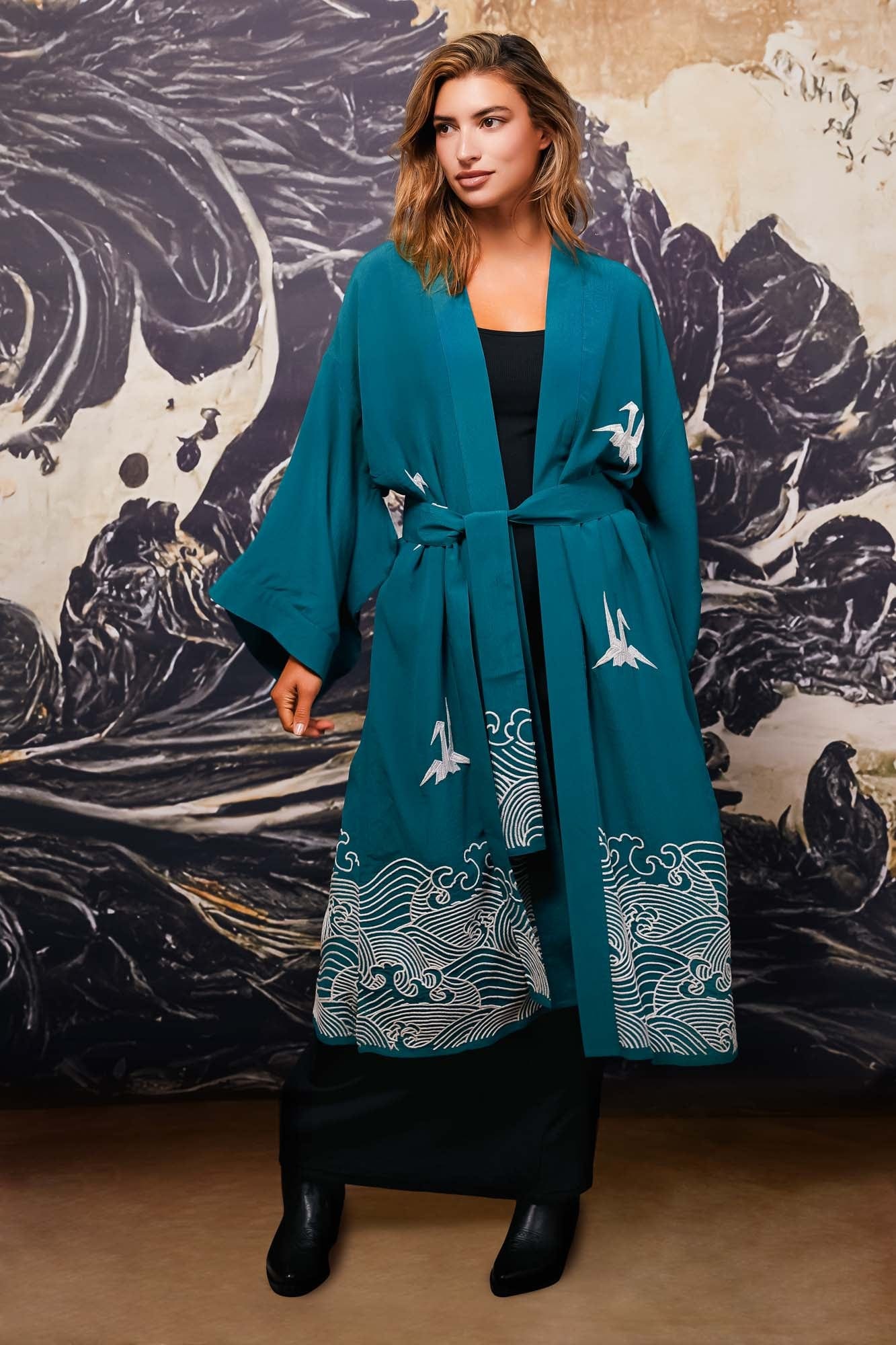 Origami & Hokusai Wave Embroidered Fully Lined Deep Teal Long Kimono、mySite、bengalsvssteelers