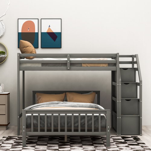 Twin over Full Loft Bed with Staircase,Gray(OLD SKU:SM000107AAE)、、casual