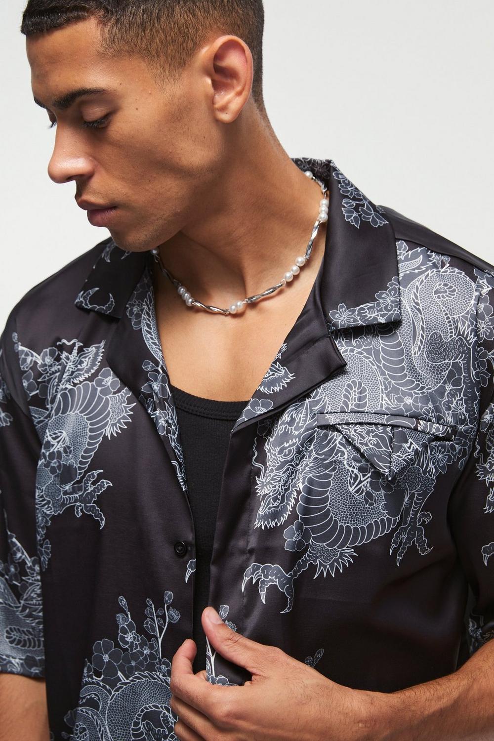  Boohooman Oversized Printed Satin Revere Triangle Pocket Shirt Black、mySite、justintrudeaud