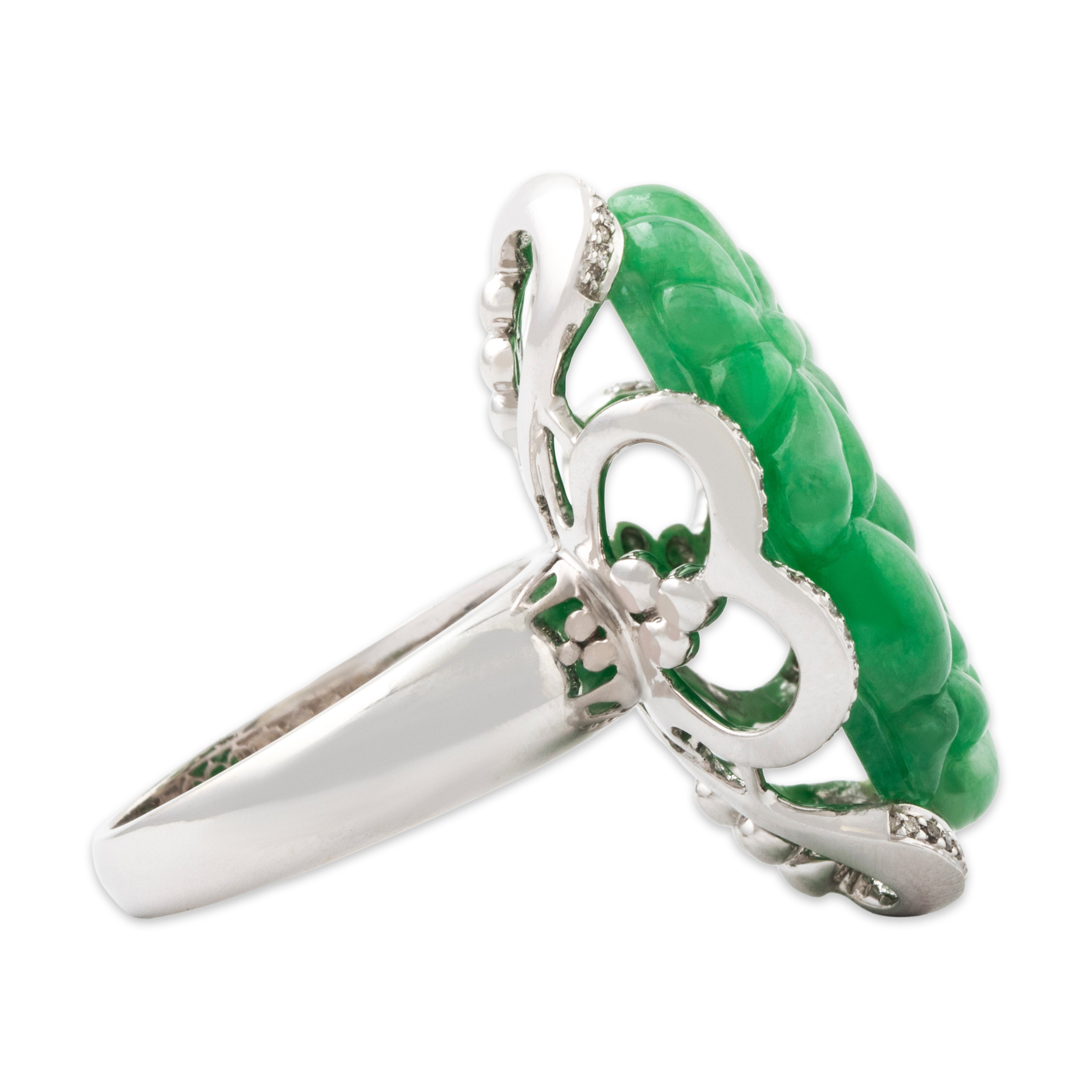 Vintage Oversized 14k White Gold 22ct Jade Diamond Carved Cocktail Ring 7.25、mySite、hinf8tx79