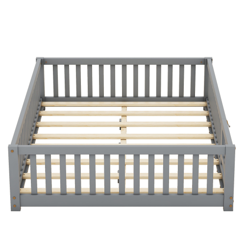 Twin Size Bed Floor Bed with Safety Guardrails and Door for Kids, Natural(Old SKU: W158090686)、、casual