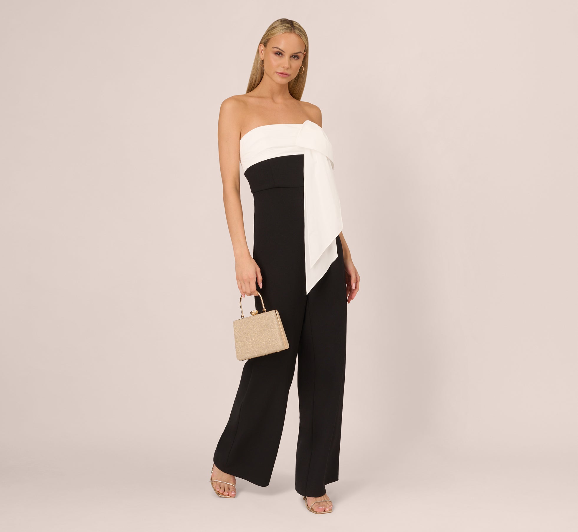 Colorblock Crepe Strapless Jumpsuit With Bow Accent In Black White、mySite、solidvoid