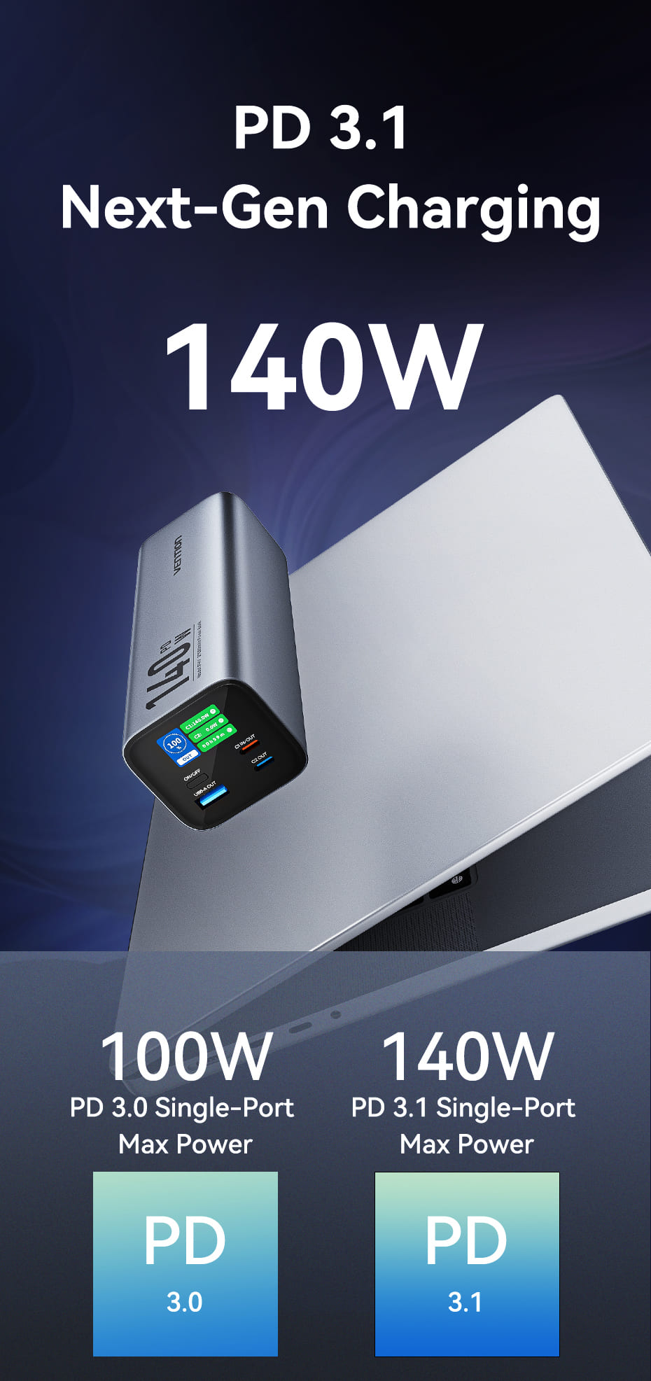 27000mAh Power Bank (USB-C + USB-C + USB-A + USB-A) 140W Gray LED Display Type