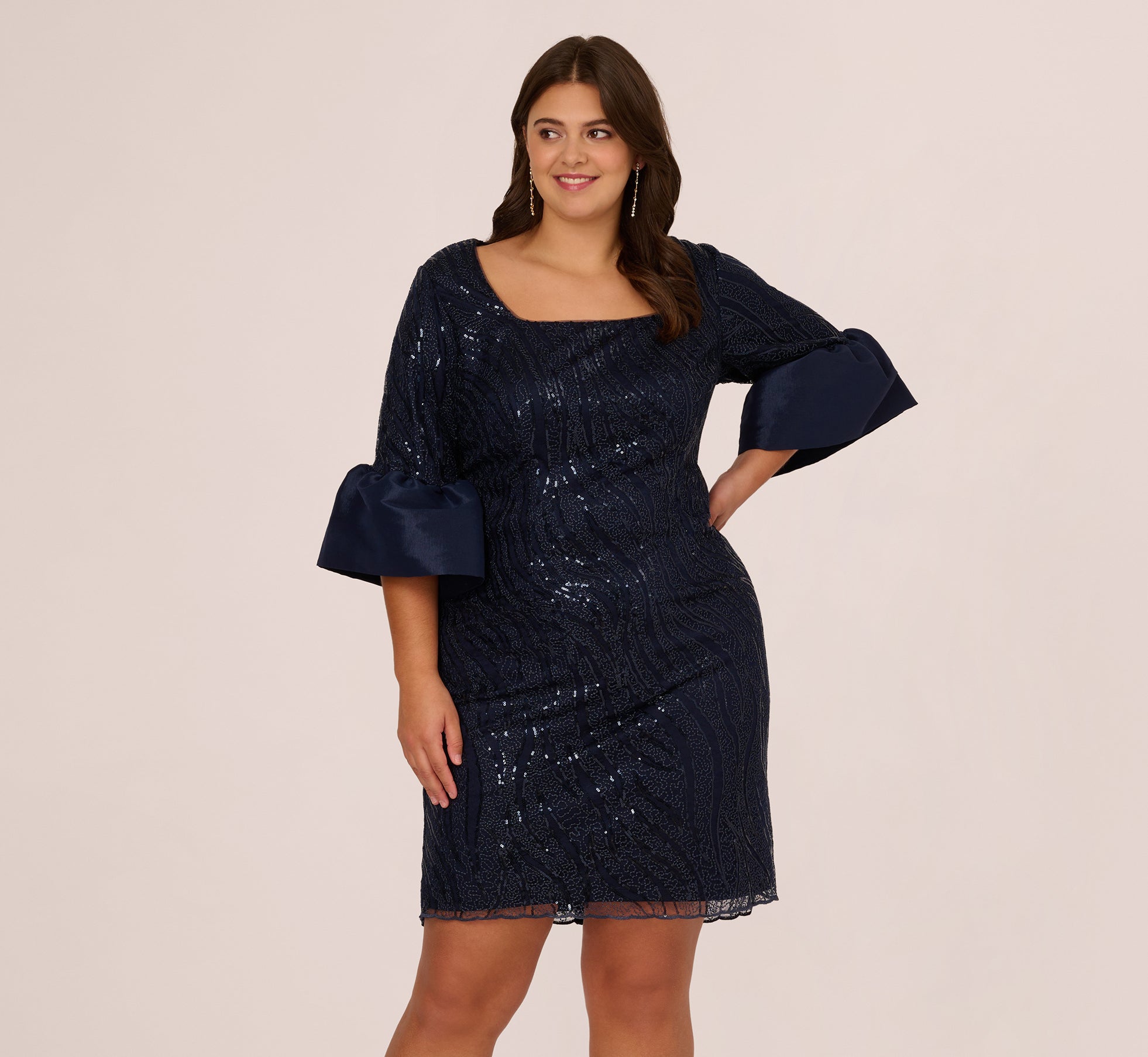 Plus Size Sequin Embroidered Dress With Taffeta Bell Sleeves In Midnight、mySite、solidvoid