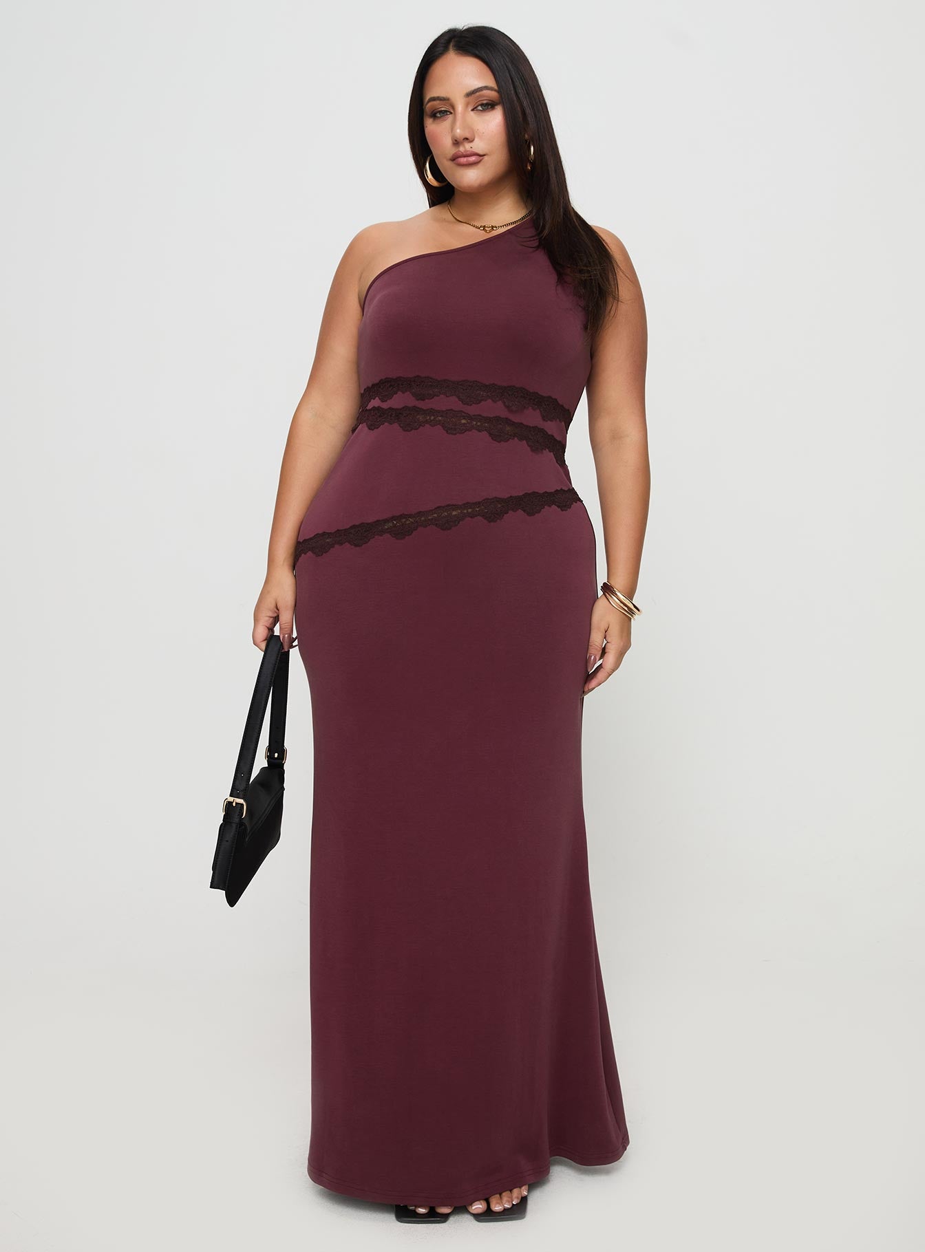 Ultraviolet One Shoulder Lace Maxi Dress Wine Curve、mySite、solidvoid