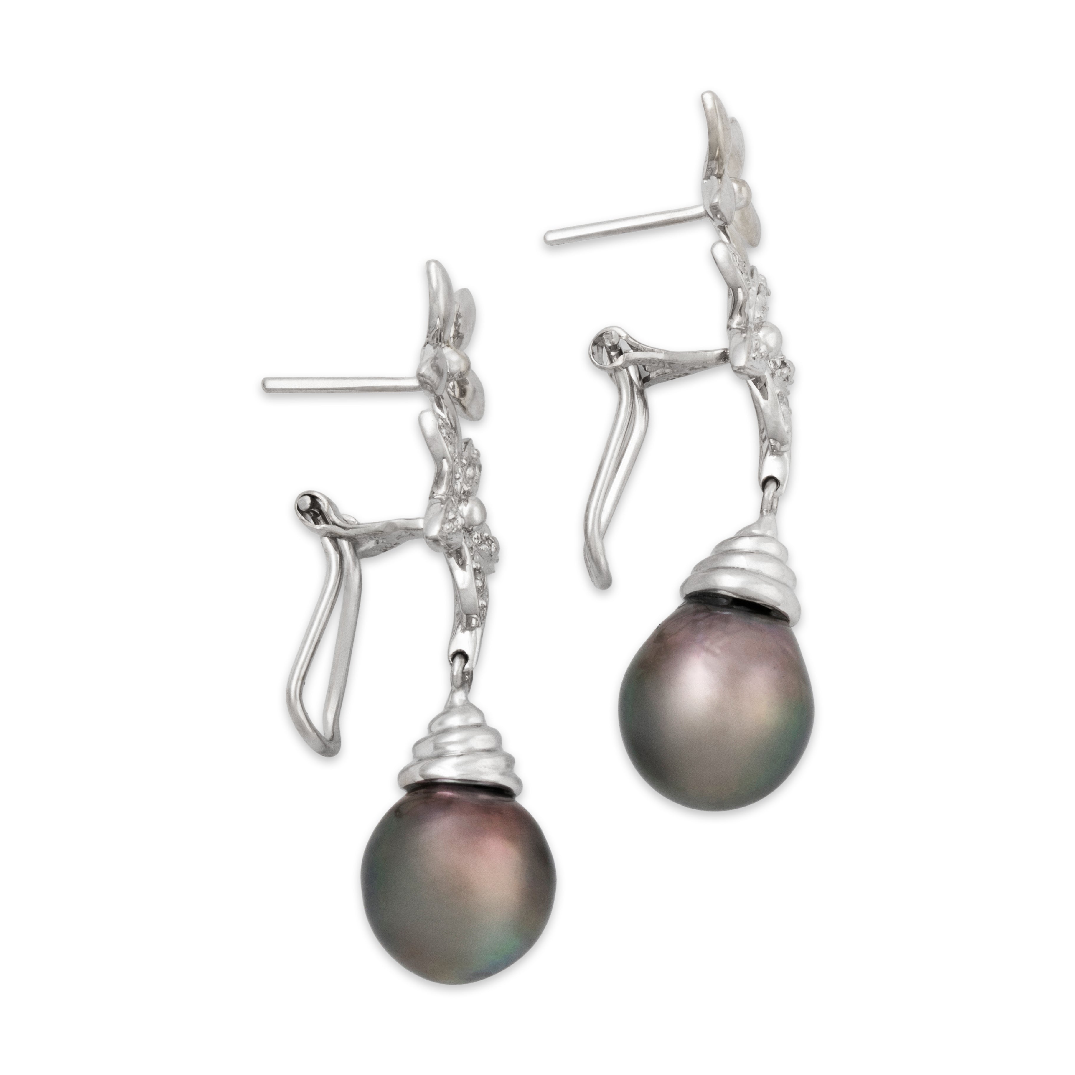 Vintage 14k White Gold Tahitian Pearl Diamond Wonderful Floral Dangle Earrings、mySite、hinf8tx79