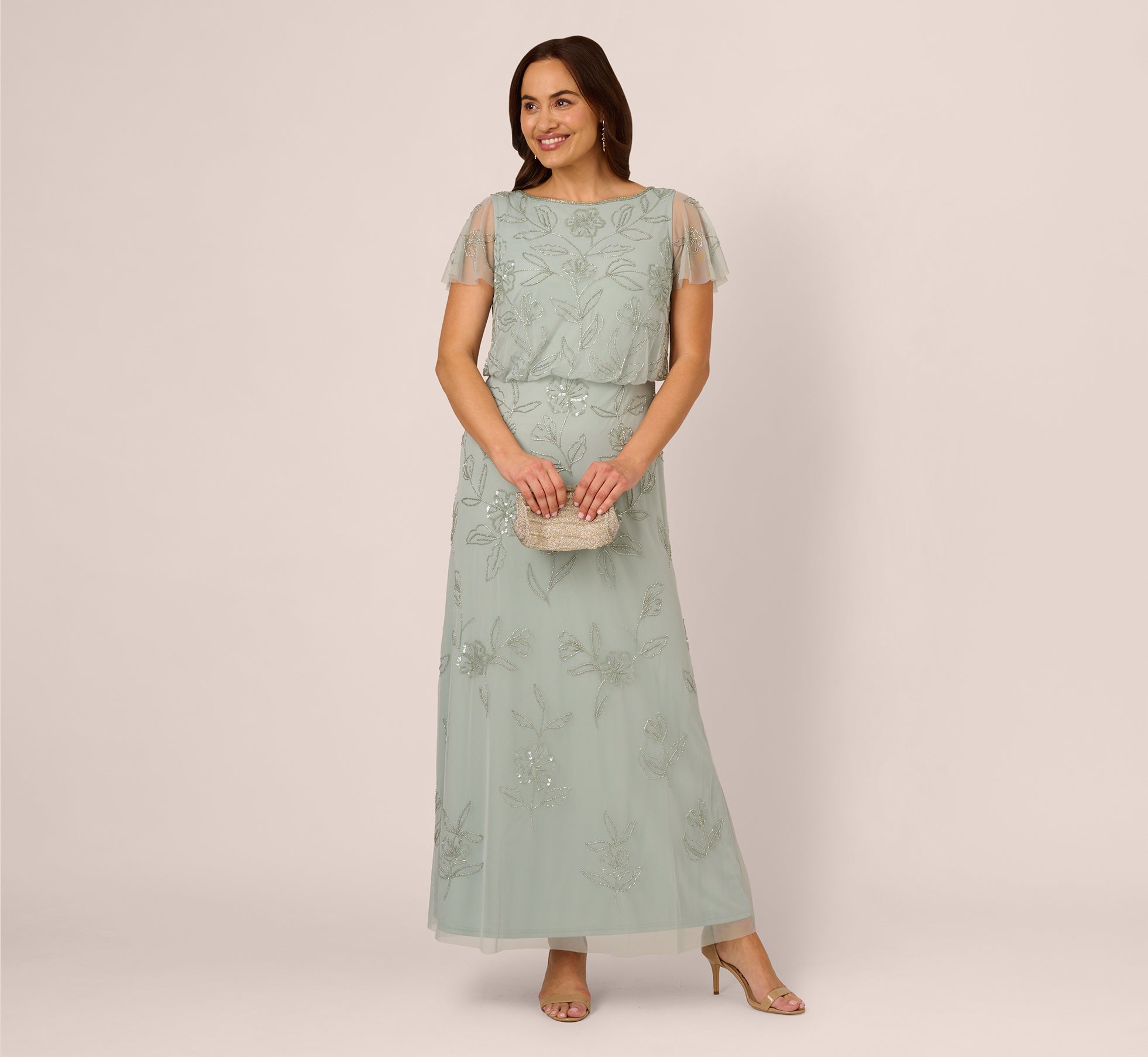 Plus Size Flutter Sleeve Floral Beaded Blouson Gown In Aqua Dust、mySite、solidvoid