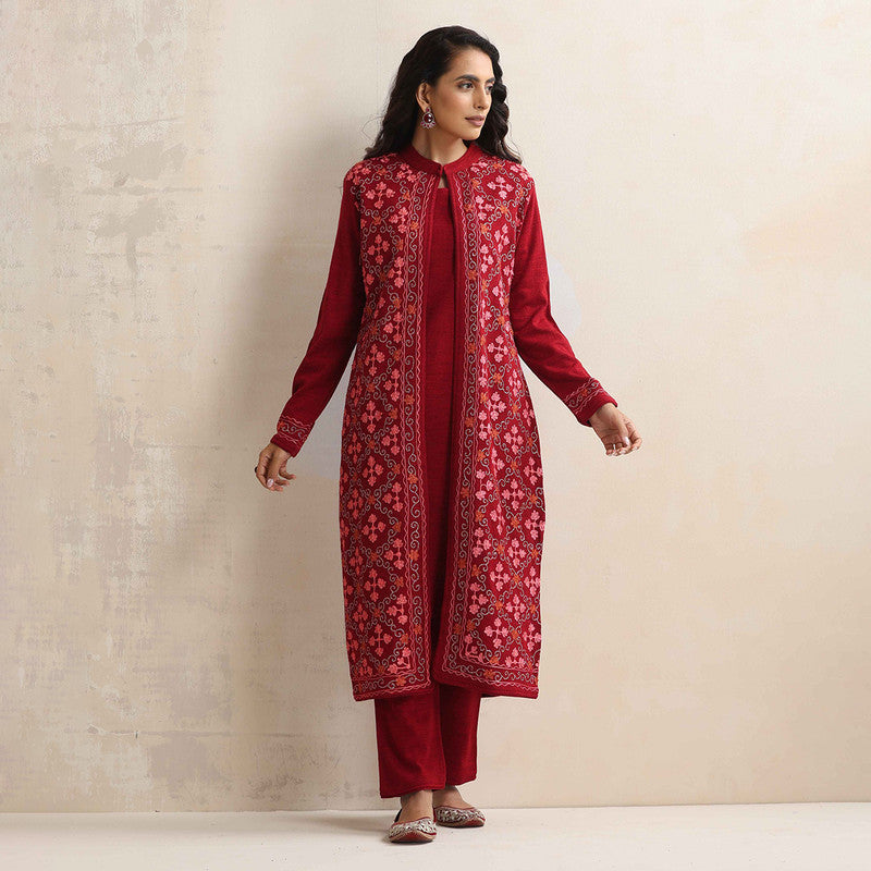 Woolen Kurta Set For Women | Kurta, Pyjama & Jacket | Embroidered | Maroon、mySite、camillekostekn