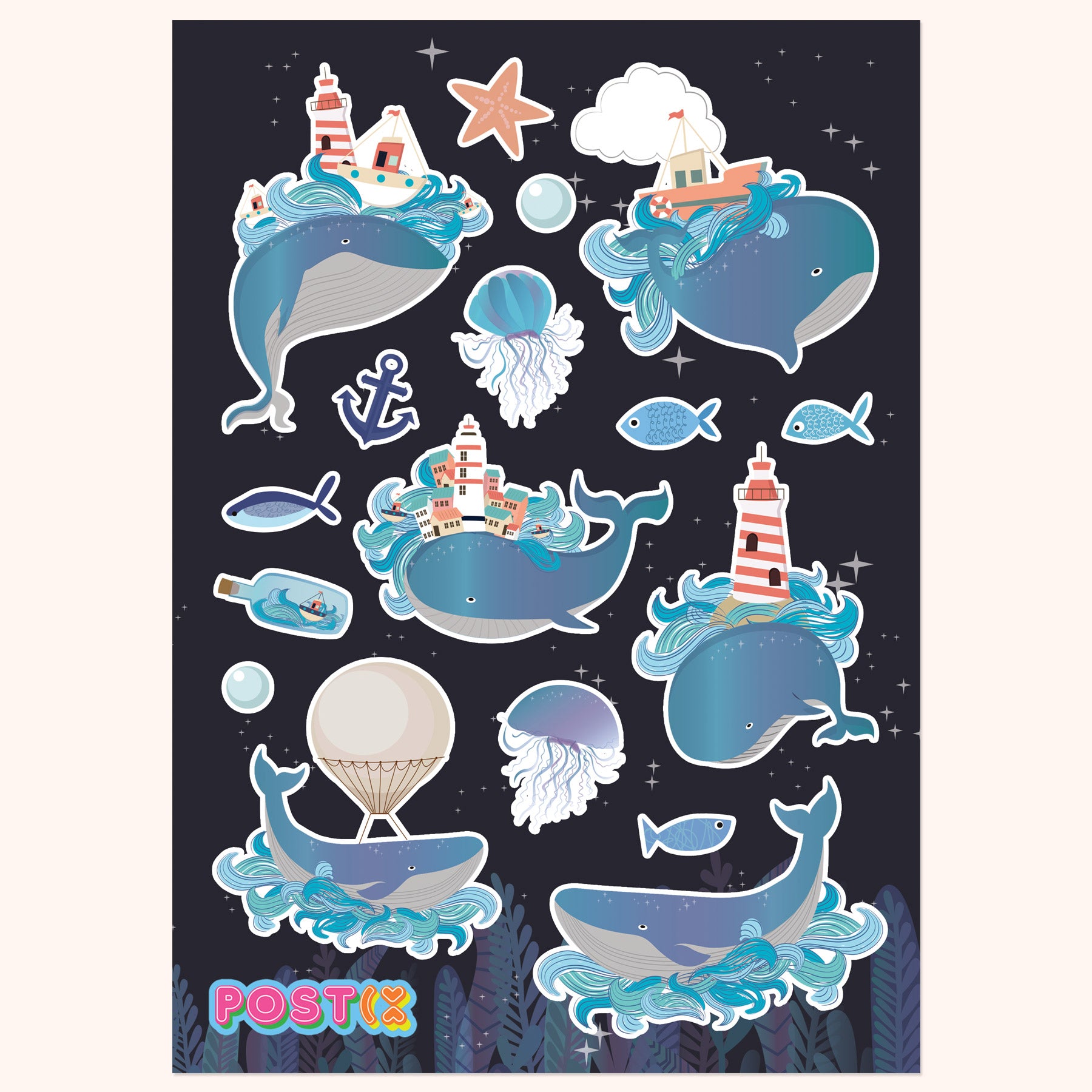  Whales Night Magic Large Sticker Sheet、mySite、ghnorth