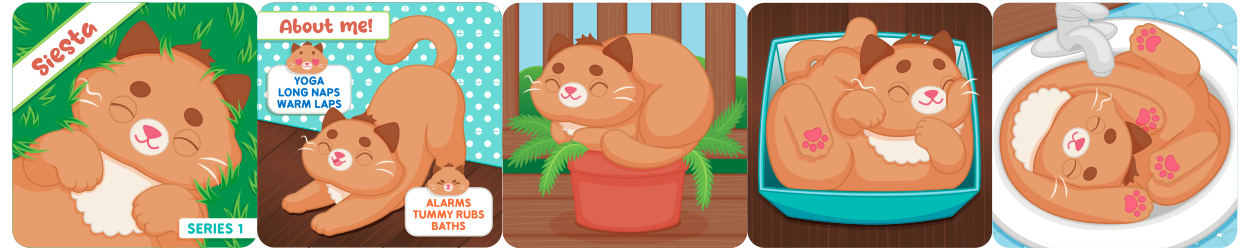 Comic of a white MewMews plush by Aurora: Siesta the brown kitty plush loves to take cat naps anywhere that fits!