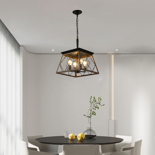 (Same as W1340111203/L1009) 16" Black Industrial 4-Light Pendant Chandelier, Modern Metal Cage Design, Adjustable Hanging Light for Dining Room, Kitchen, Living Room (No Bulbs)、、eastwooduniform