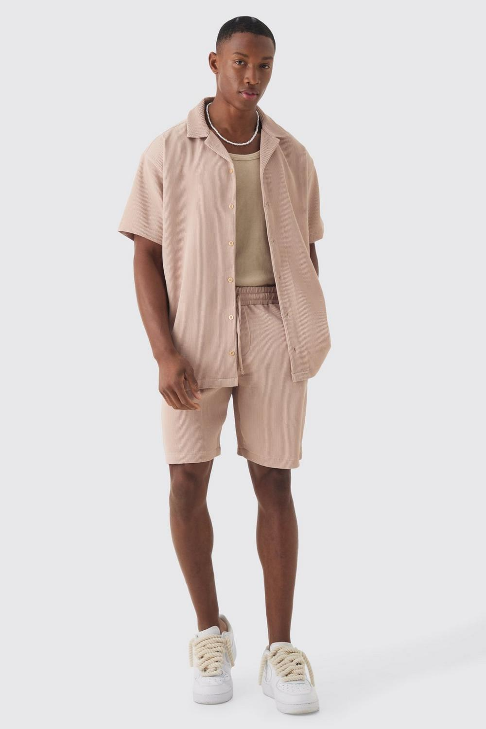  Boohooman Oversized Short Sleeve Pleated Shirt And Short Taupe、mySite、justintrudeaud