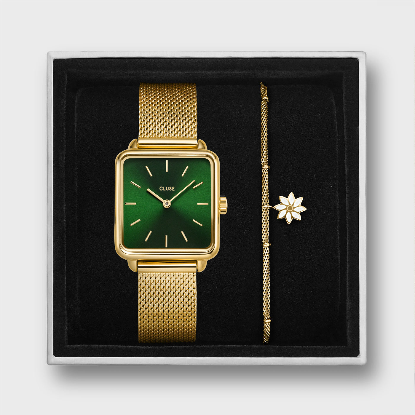  Giftbox La Tétragone Watch Mesh, Green & Chain Bracelet Daisy, Gold Colour