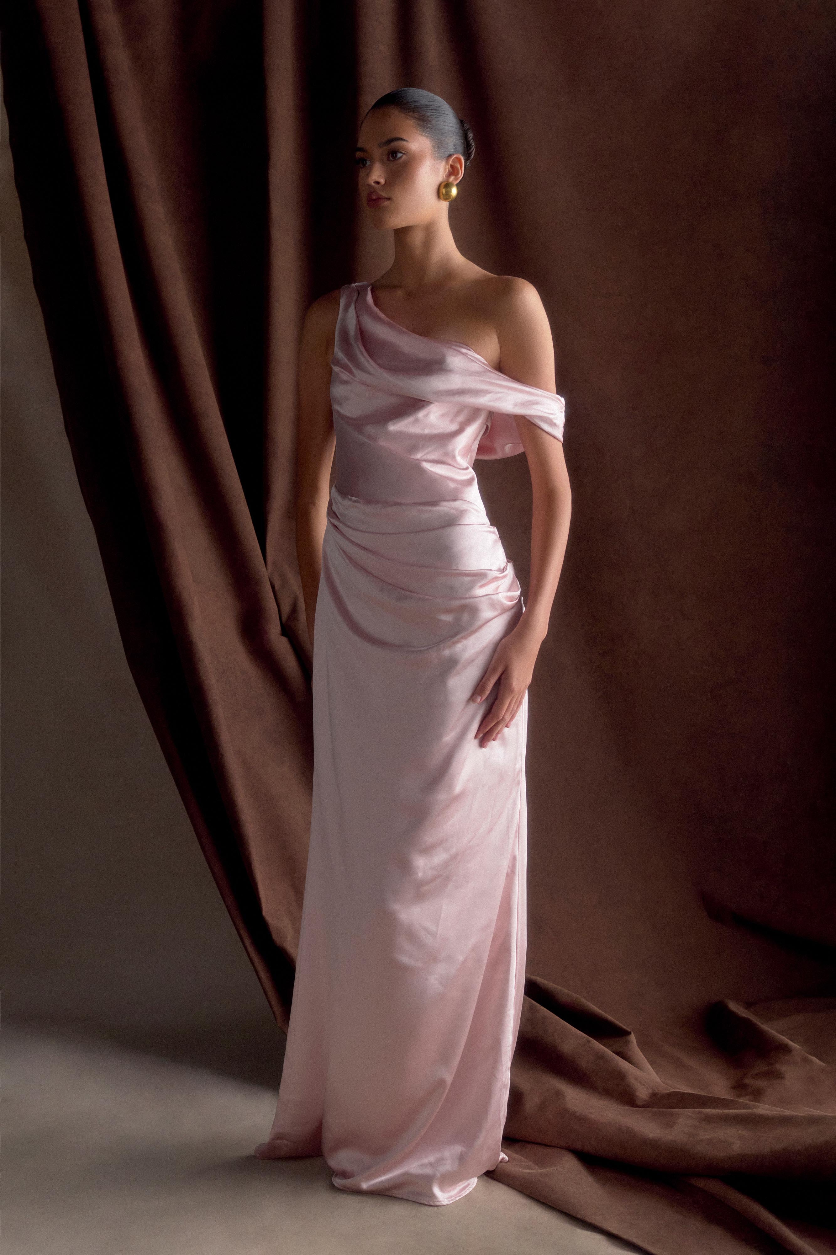 Dalia Off Shoulder Satin Maxi Dress - Soft Pink、mySite、solidvoid