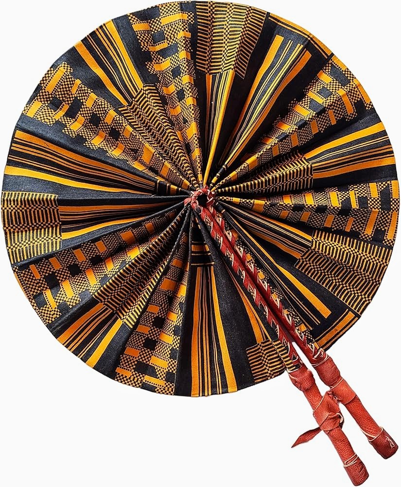 Kwasi Foldable Black and Gold African Print Ankara Kente Fan with Leather Handle DPPF4091、mySite、solidvoid