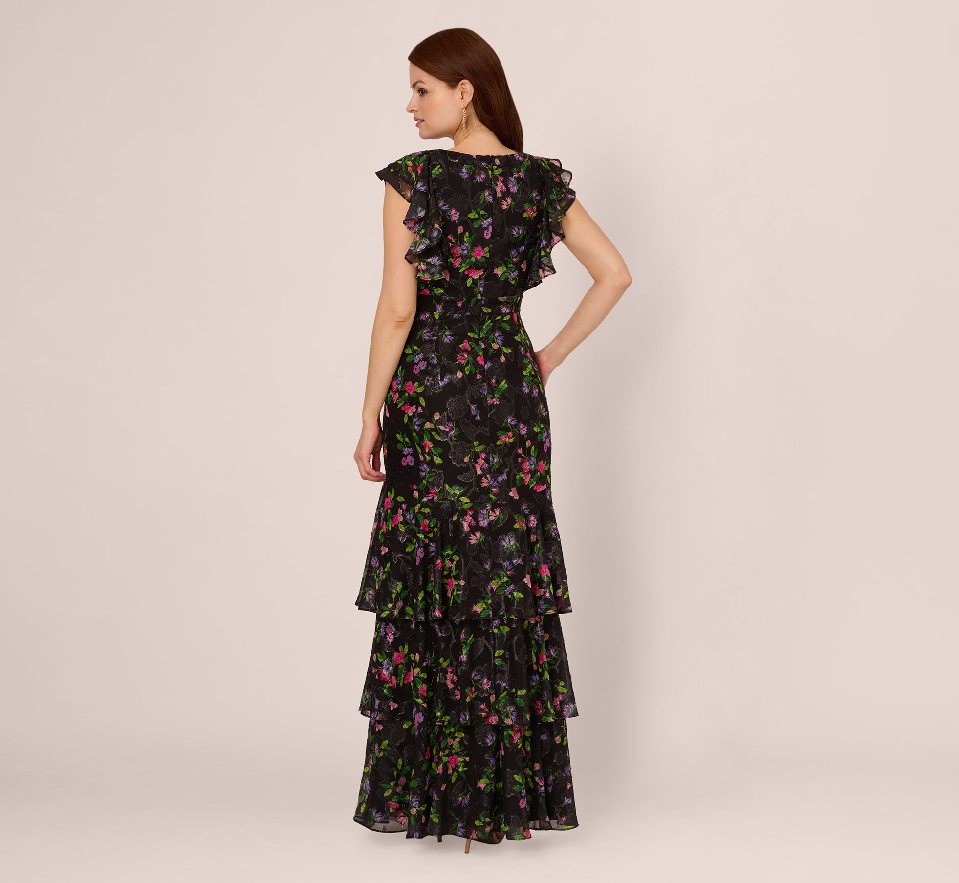Floral Tiered Chiffon Gown With Flutter Sleeves In Black Multi、mySite、solidvoid
