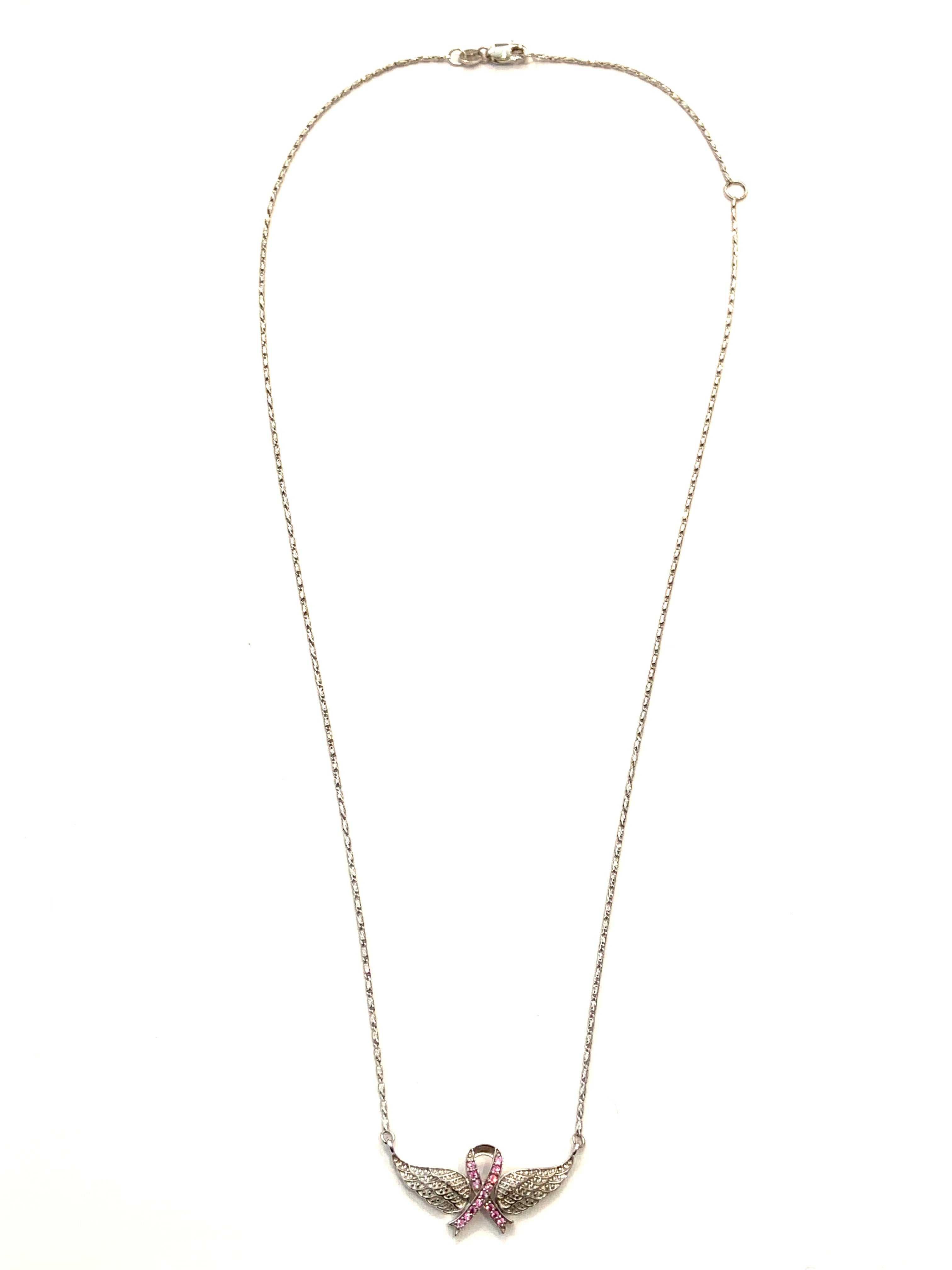 Corielle Joelle Pink Sapphire Breast Cancer Awareness Ribbon White Gold Necklace、mySite、noshort