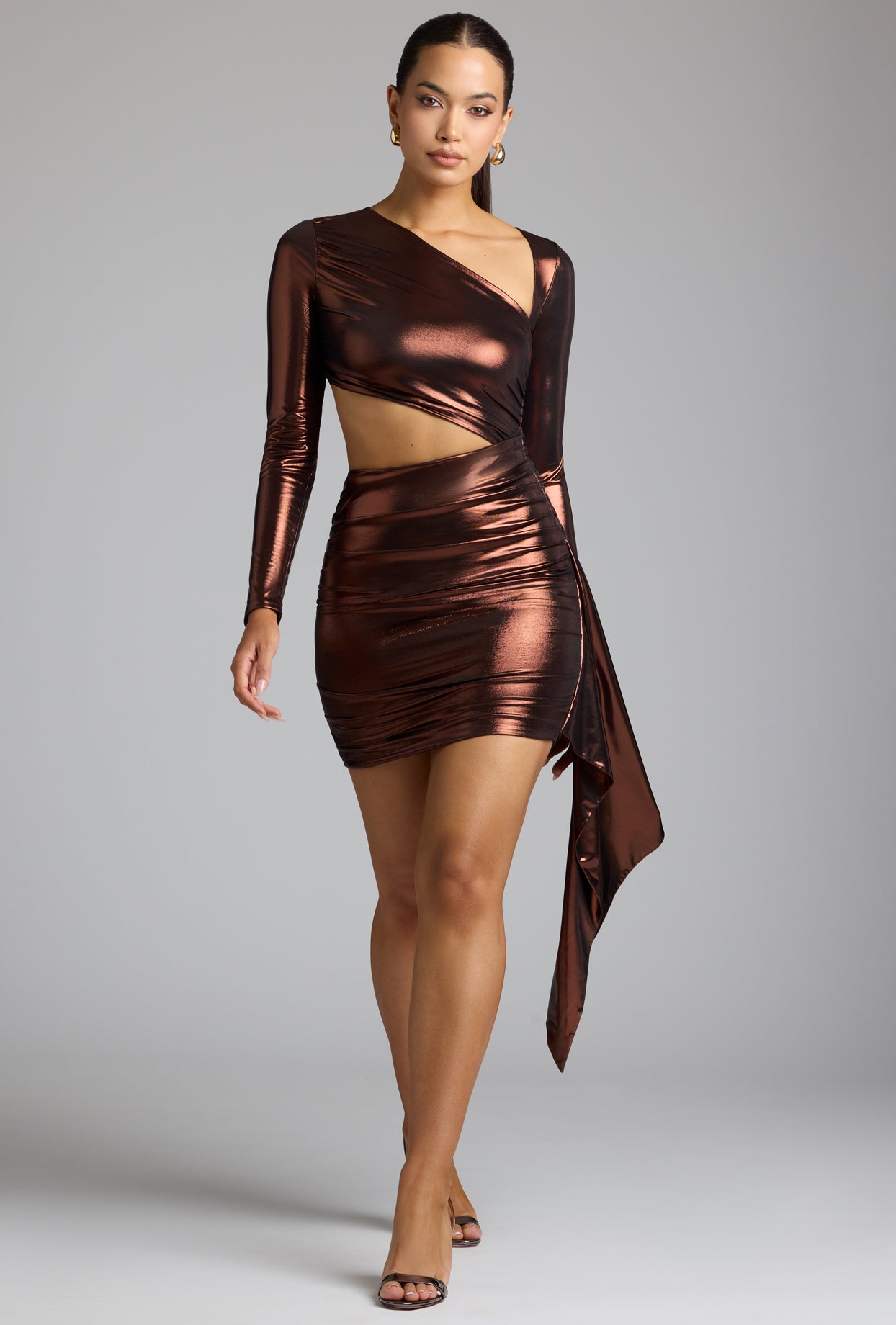 Cut Out Metallic Jersey Mini Dress in Copper Bronze、mySite、solidvoid