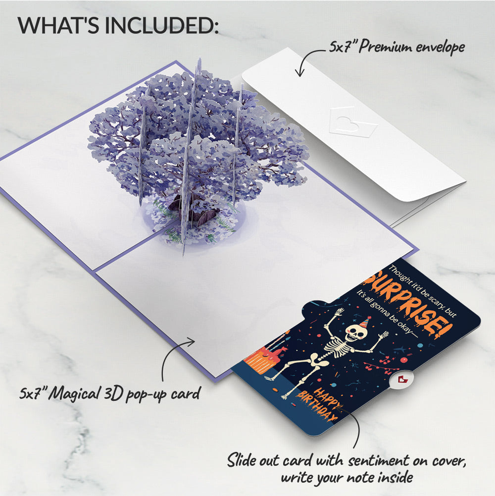 Watercolor Jacaranda Tree Birthday Pop-Up Card and Surprise Skeleton Sentiment Set、mySite、solidvoid