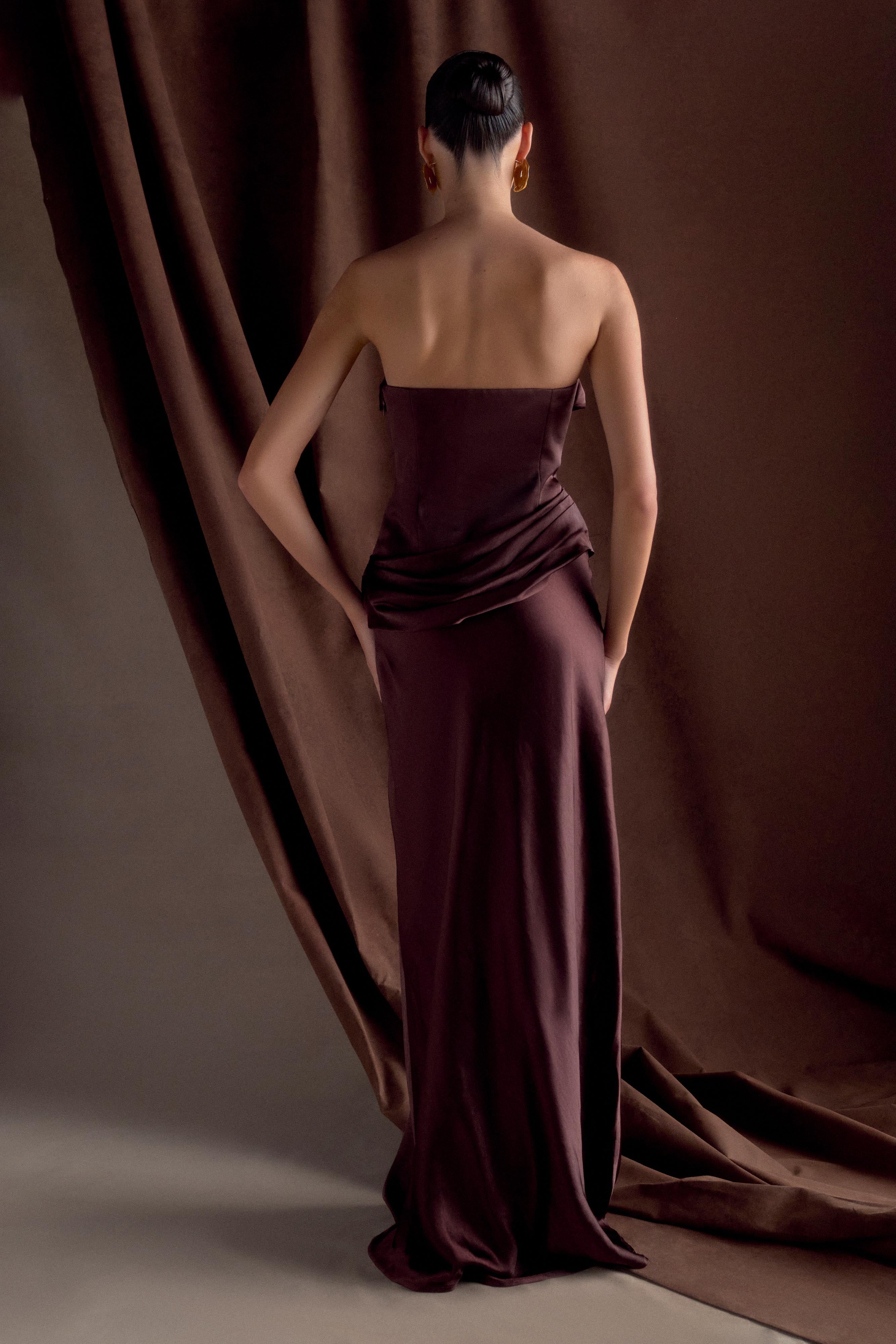 Jasmine Strapless Satin Maxi Dress - Dark Chocolate、mySite、solidvoid