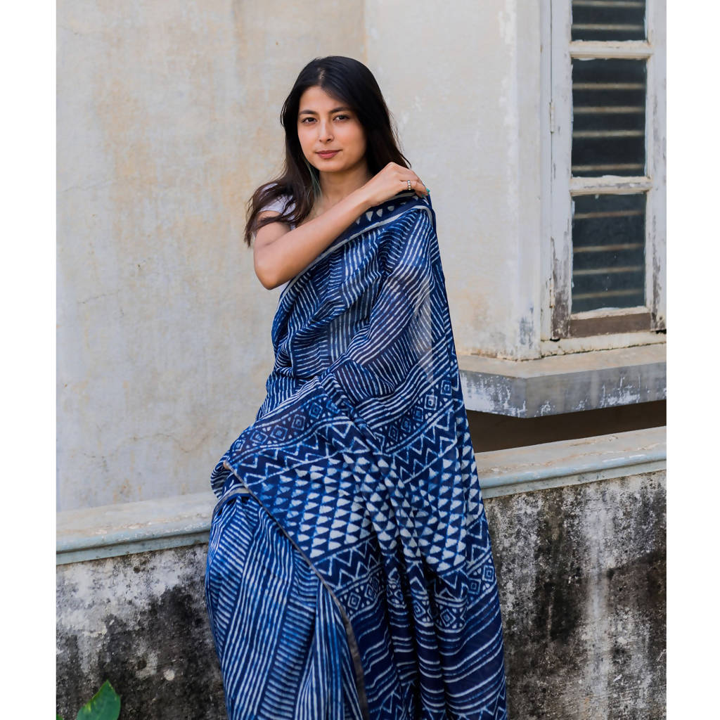 Festive Wear | Natural Dyed Indigo Geometric Dabu Printed Chanderi Saree、mySite、camillekostekn