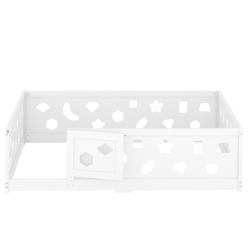 Twin Size Floor Bed with Heightened Safety Guardrails and Door, Solid Wood Bedframe with Rails for Girls, Boys, Teens, Child Bedroom, Kids Playroom, No Slats Included, White、、casual