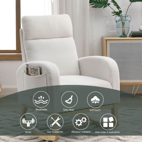 Video Welike 27.6"W Modern Accent High Backrest Living Room Lounge Arm Rocking Chair, Two Side Pocket ,Teddy White (Ivory)、、casual